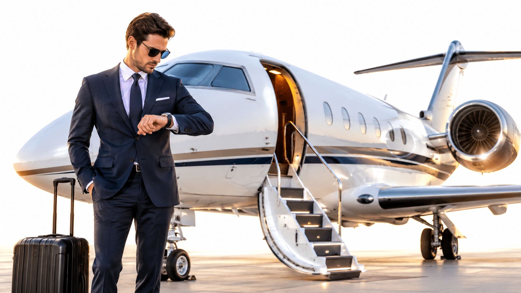 A sophisticated businessman in a suit checking his watch beside a private jet at an airport.