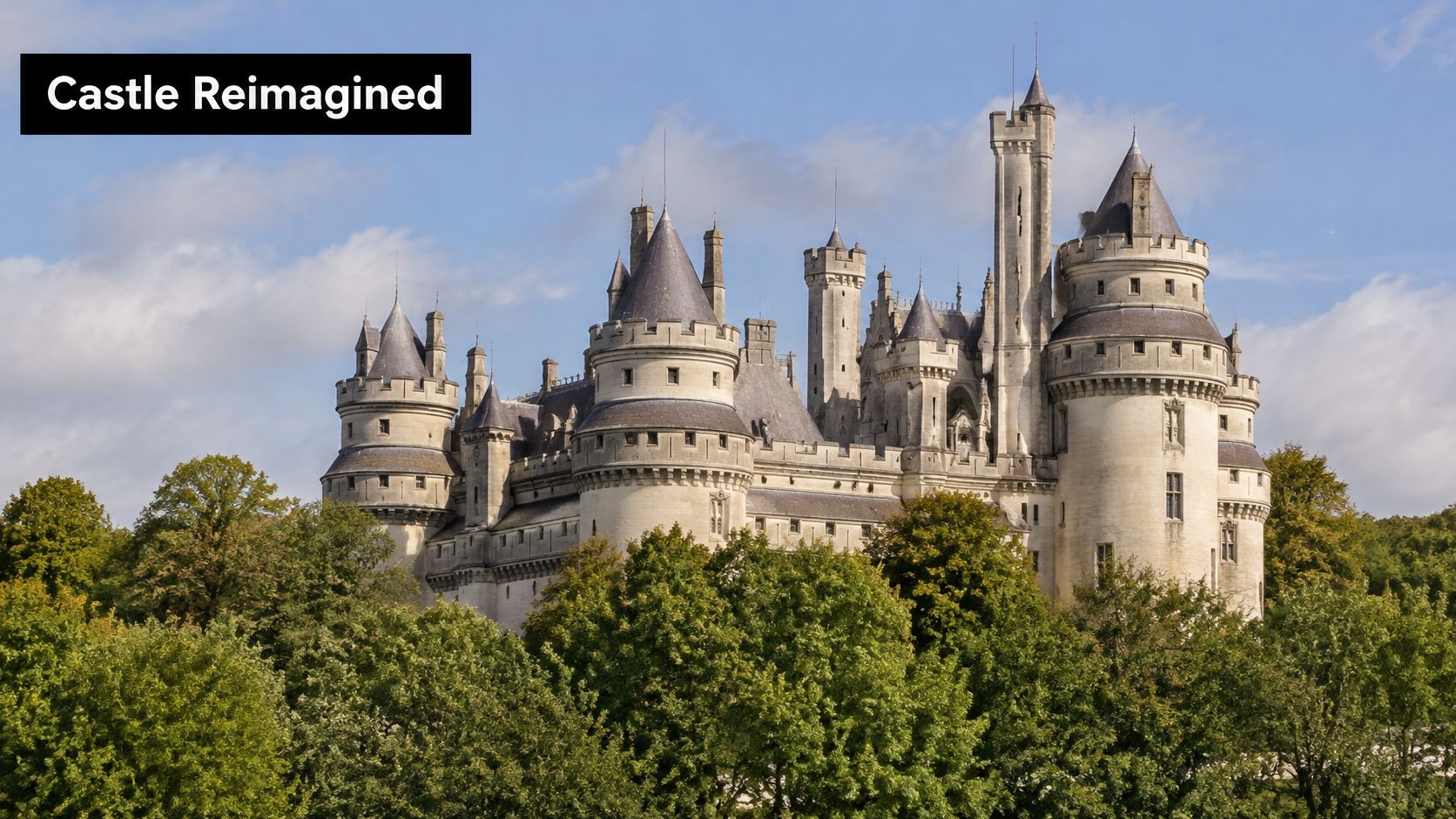 A majestic stone castle in France surrounded by lush green trees under a bright blue sky.