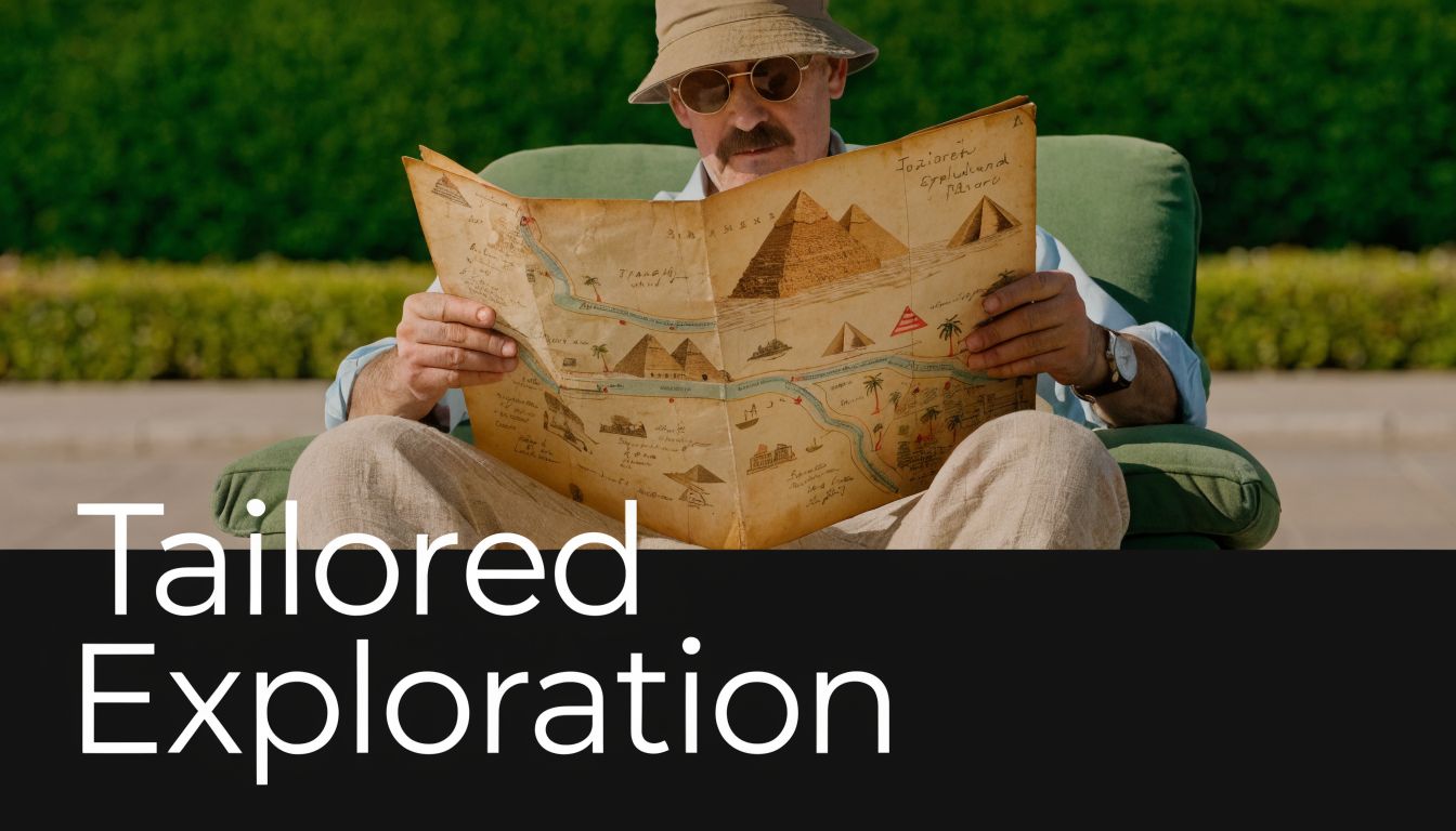 An elderly man in a hat and sunglasses sitting outside studying an old illustrated map of Egypt.
