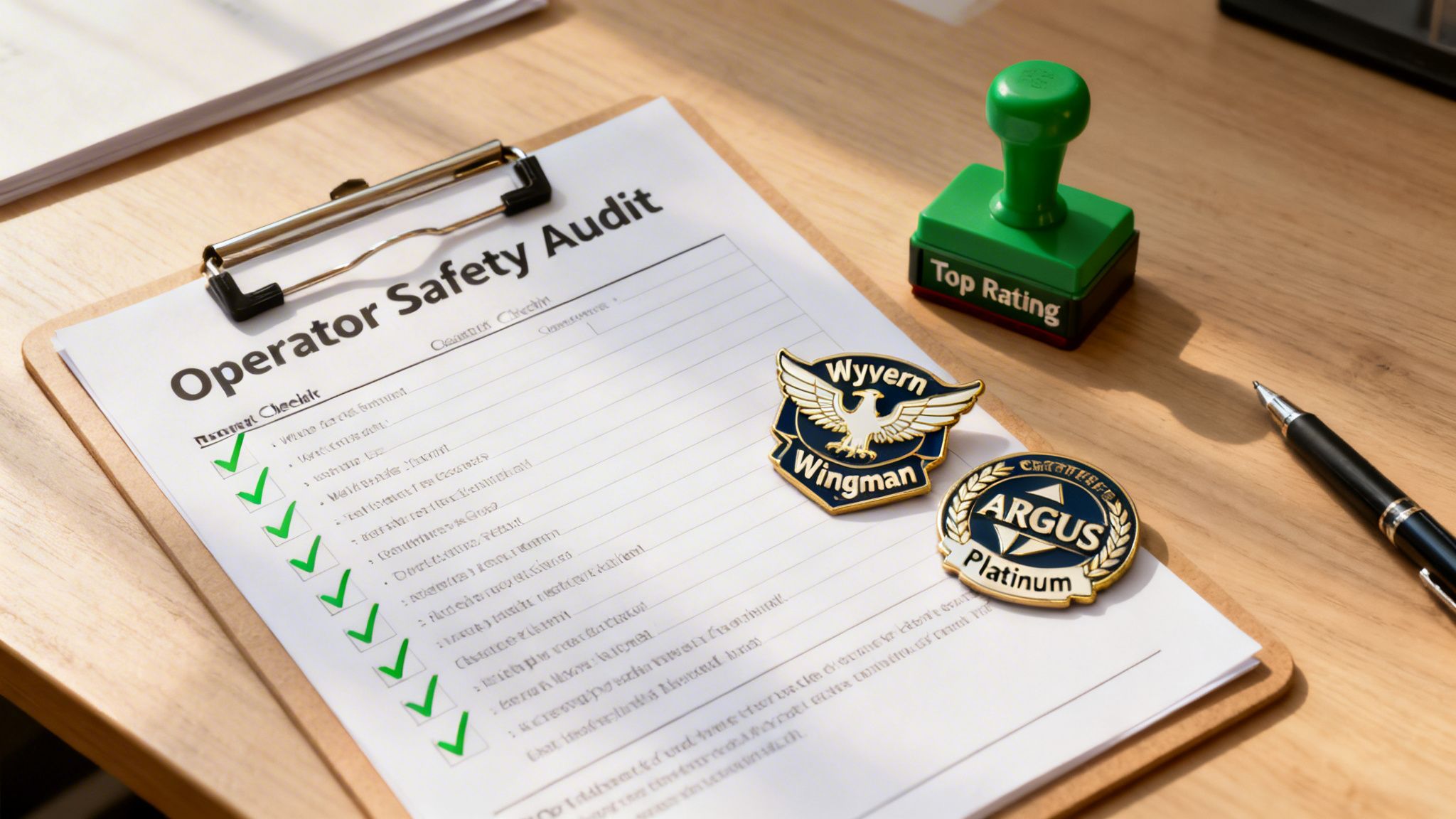 A safety audit checklist with green checkmarks, Wyvern Wingman and ARGUS Platinum pins, and a 'Top Rating' stamp on a wooden desk.