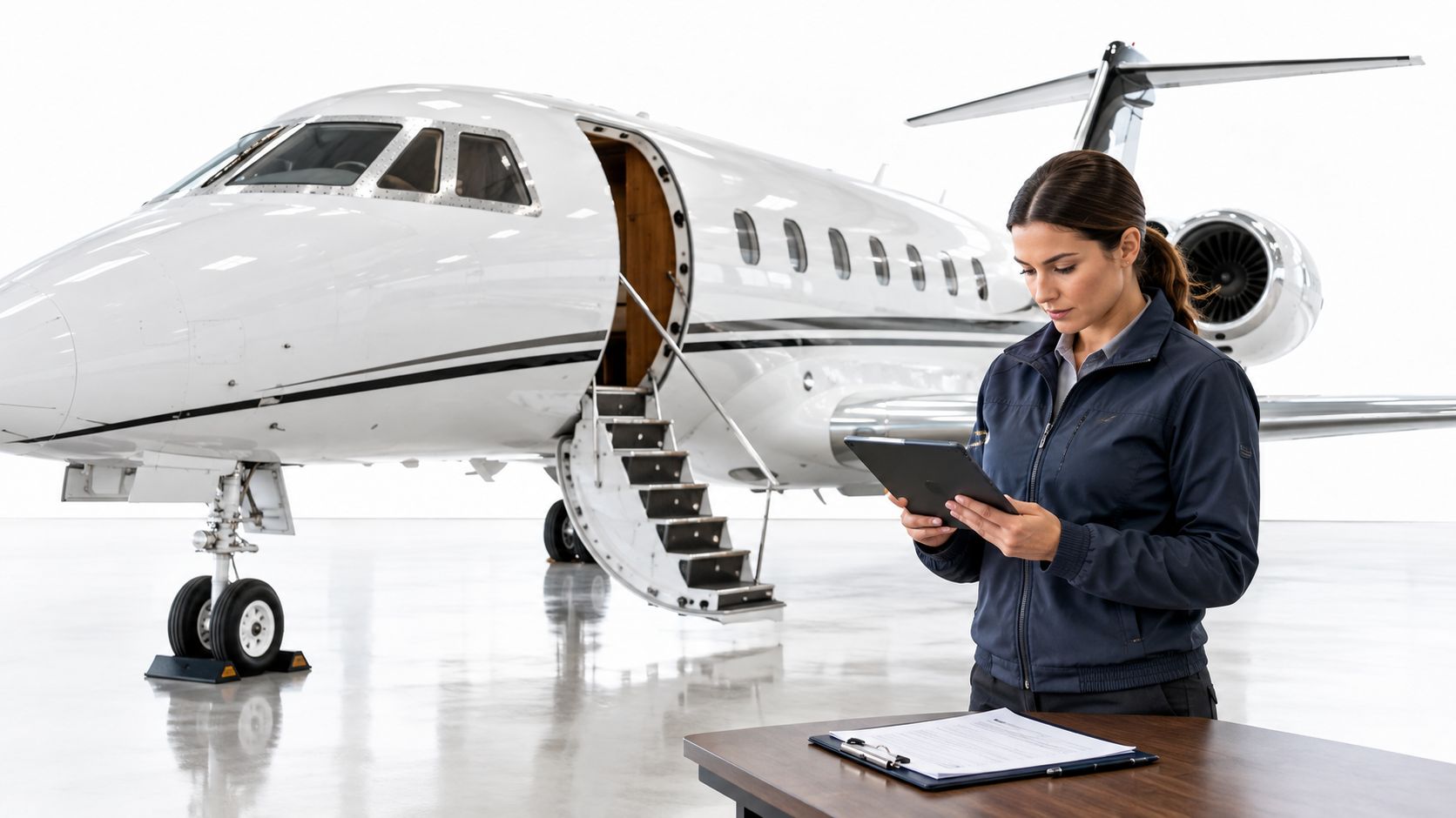 A professional aviation technician reviews digital documentation while standing in front of a private jet hangar.