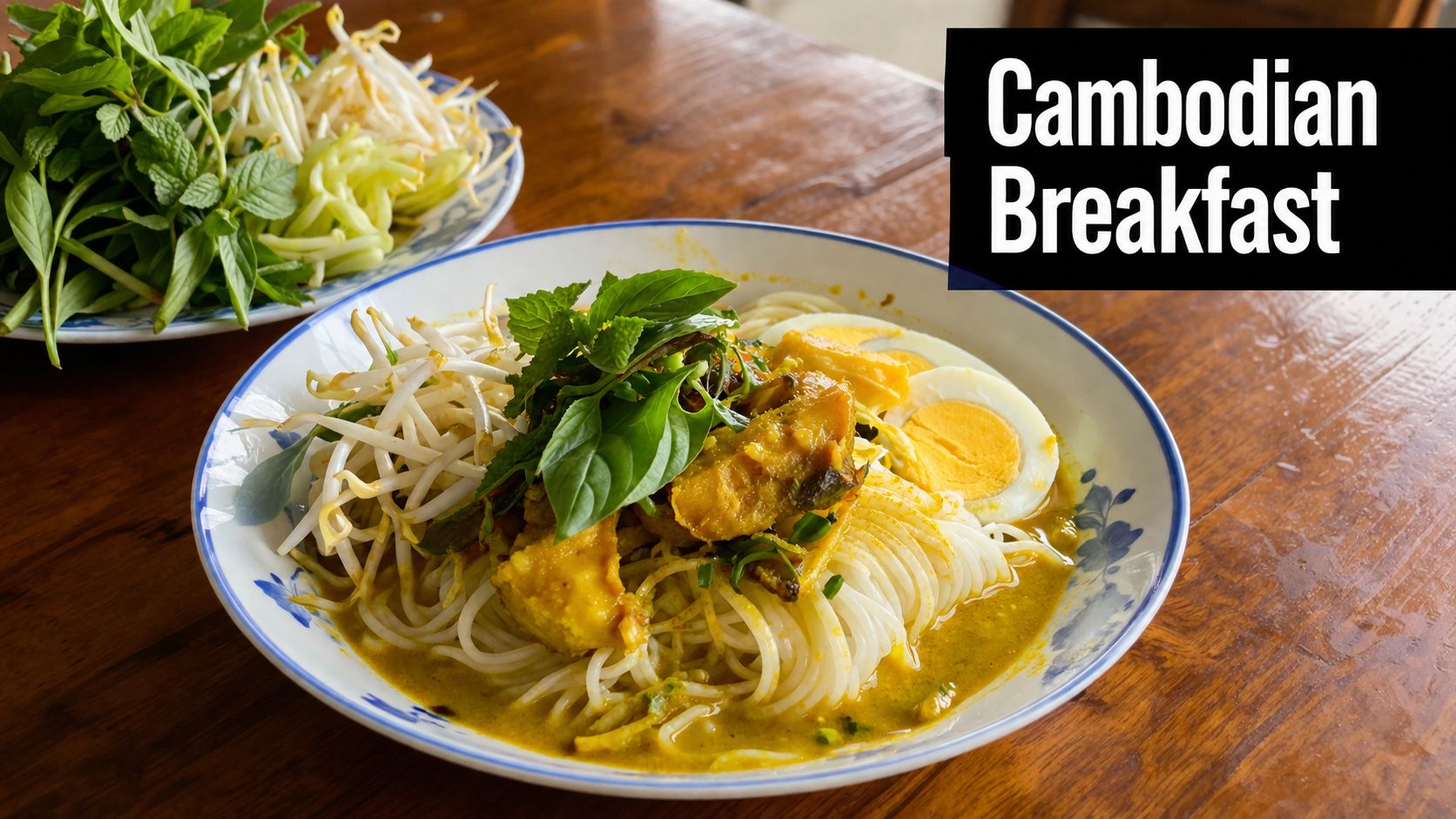 A bowl of Khmer noodle soup with fish curry, fresh herbs, bean sprouts, and boiled egg.