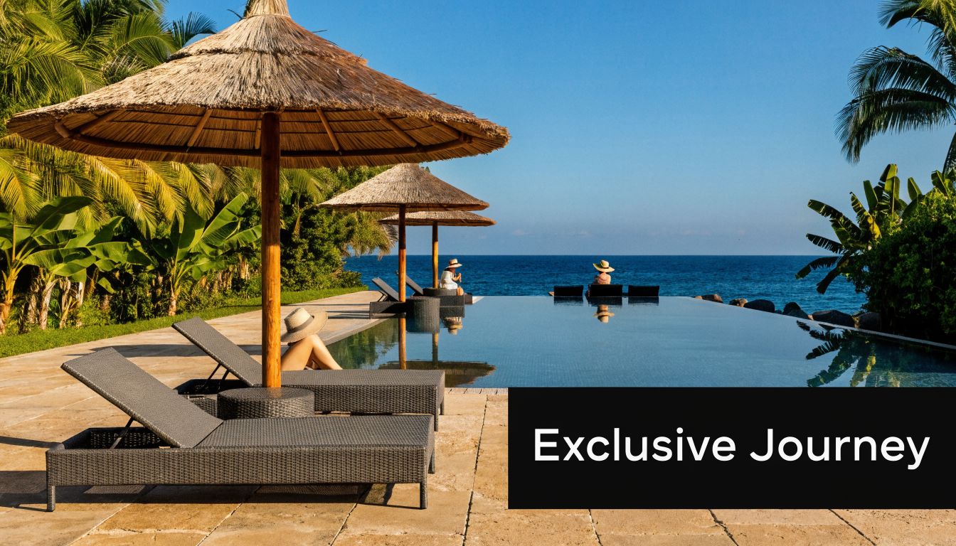 A luxurious infinity pool overlooking the ocean with beach umbrellas and loungers on a sunny day.