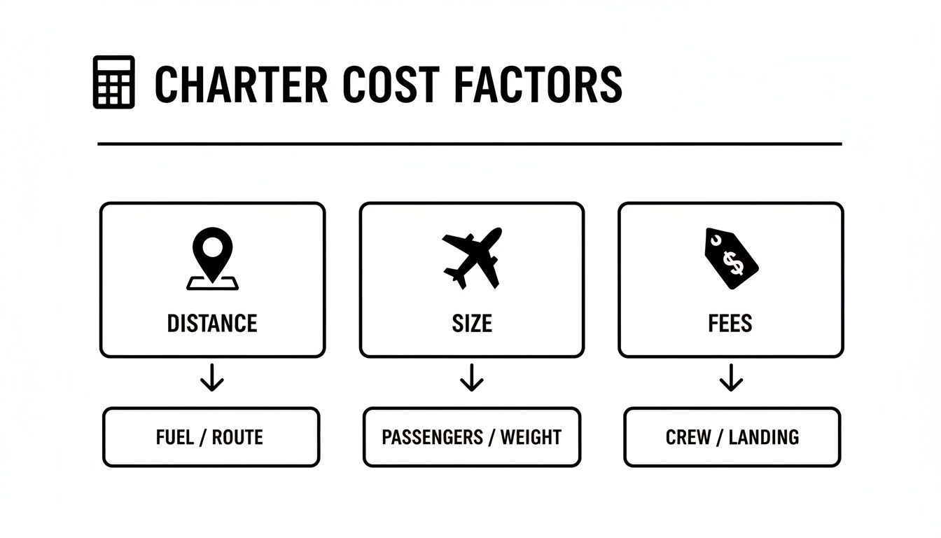 Diagram illustrating charter cost factors: distance, size, and fees, influencing fuel, passengers, and crew.