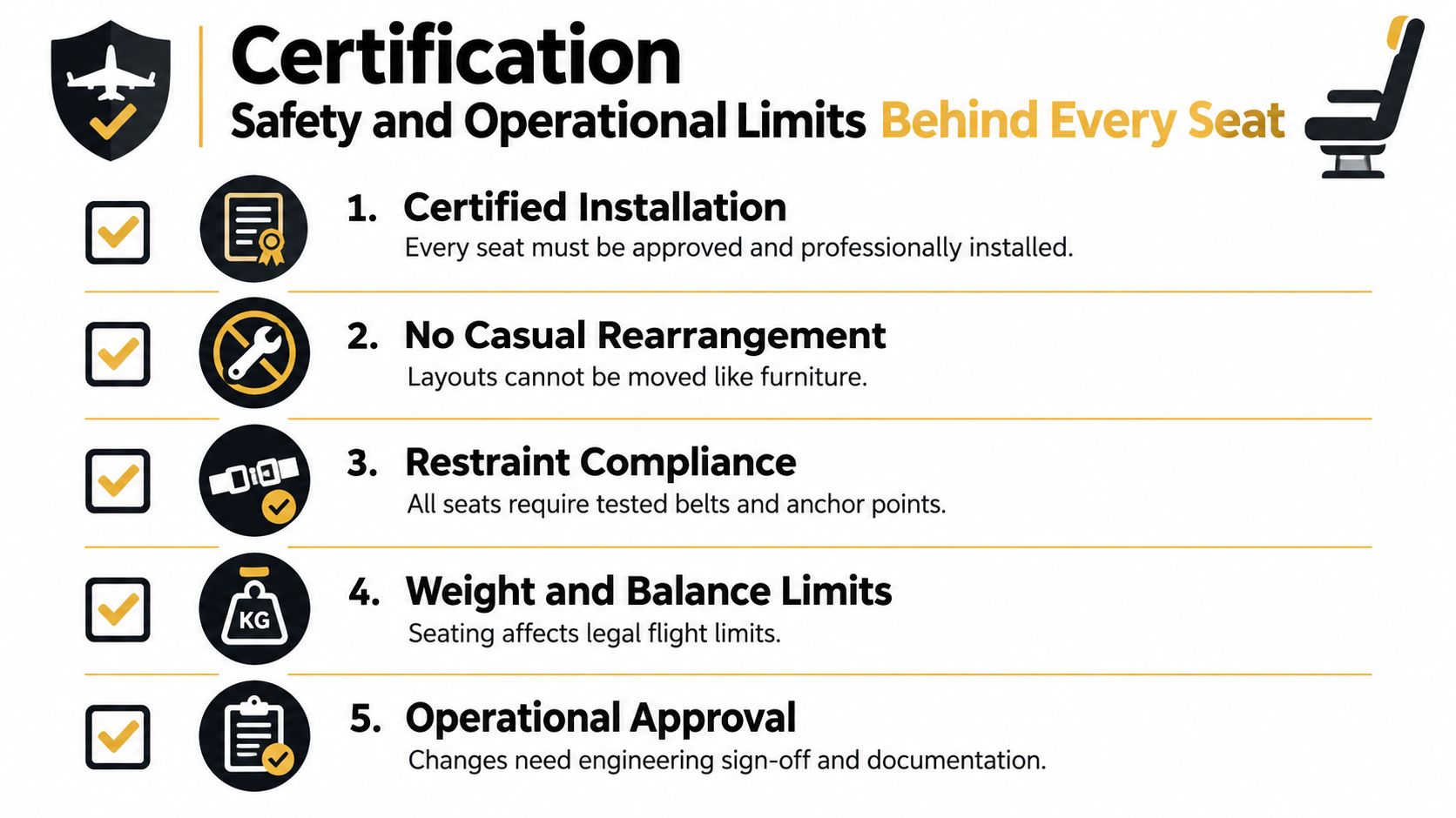 An infographic showing five safety and operational certification requirements for installing seats on private aircraft.