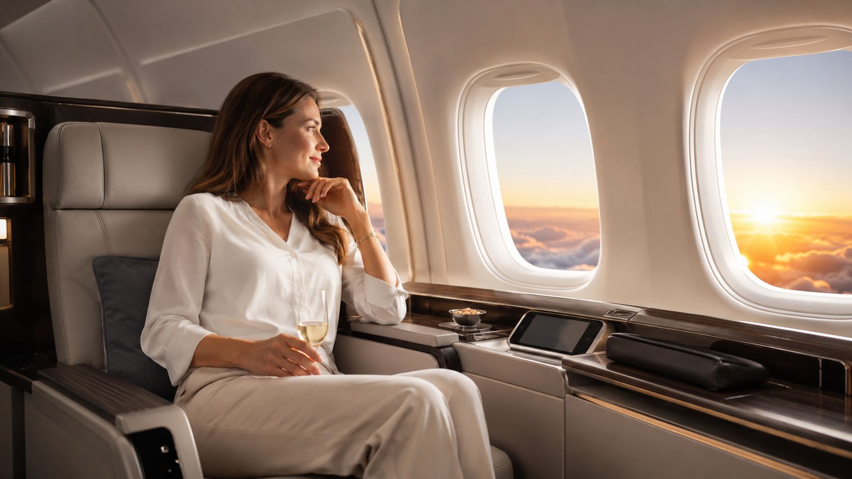 A woman enjoying a glass of champagne in a luxurious first class airplane seat while looking out.