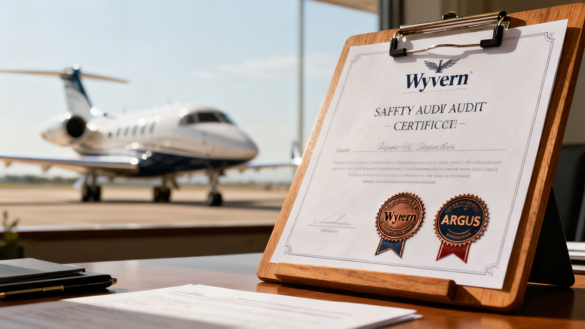 A Wyvern safety audit certificate on a wooden clipboard, with a private jet in the background.
