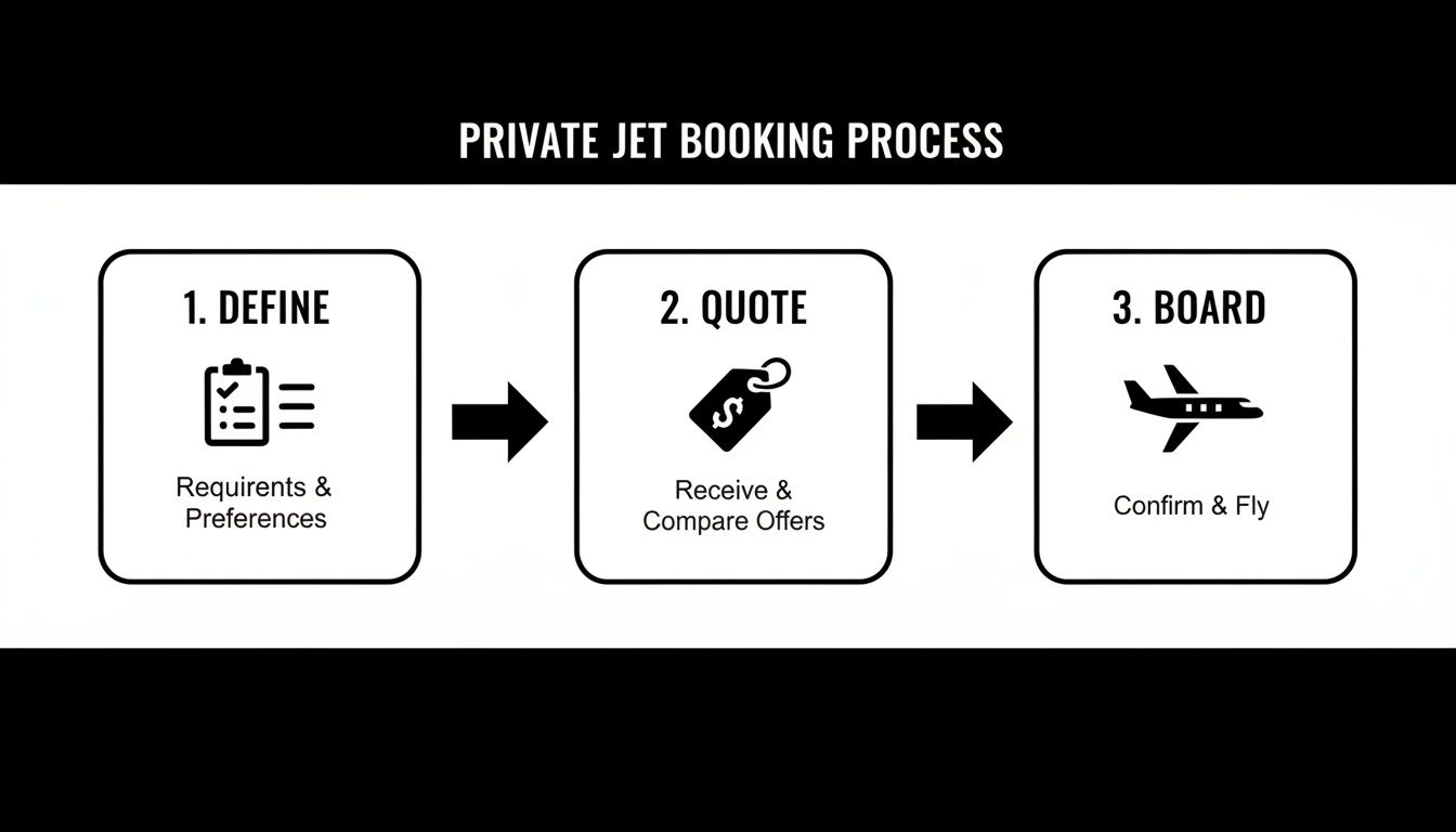 An infographic illustrating the three-step private jet booking process: Define, Quote, and Board.