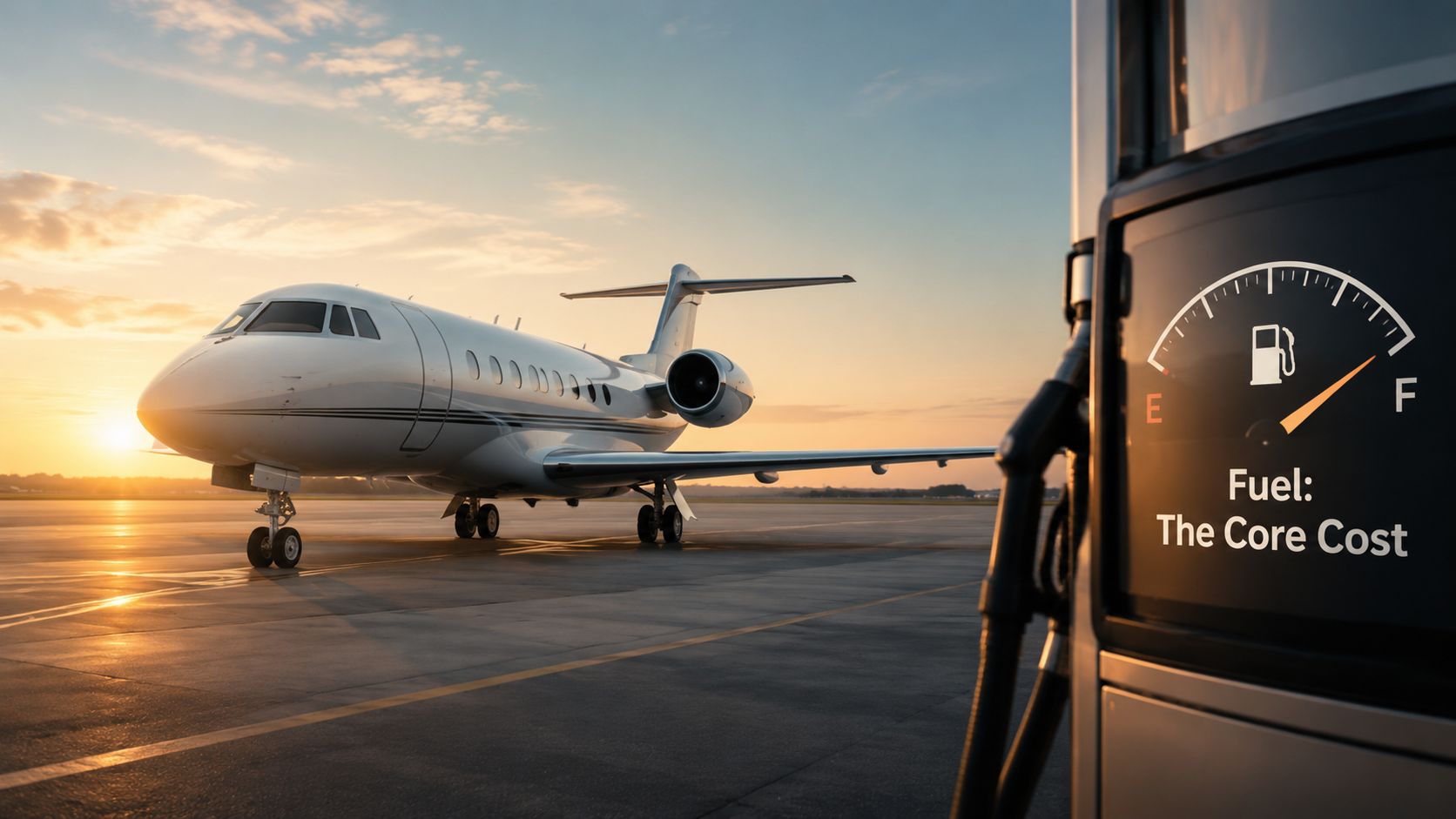 A sleek private jet parked on a tarmac at sunset with a fuel pump in the foreground.
