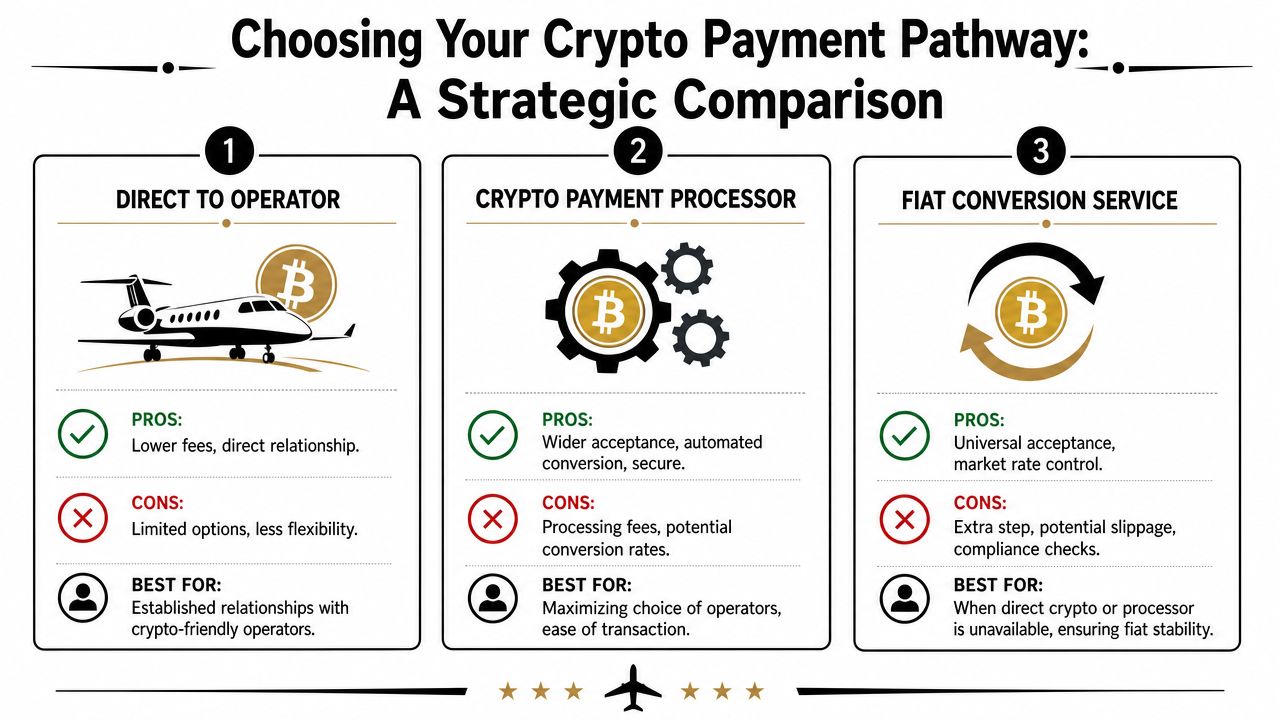A strategic comparison chart illustrating three pathways for crypto payments: direct to operator, payment processors, and fiat conversion.
