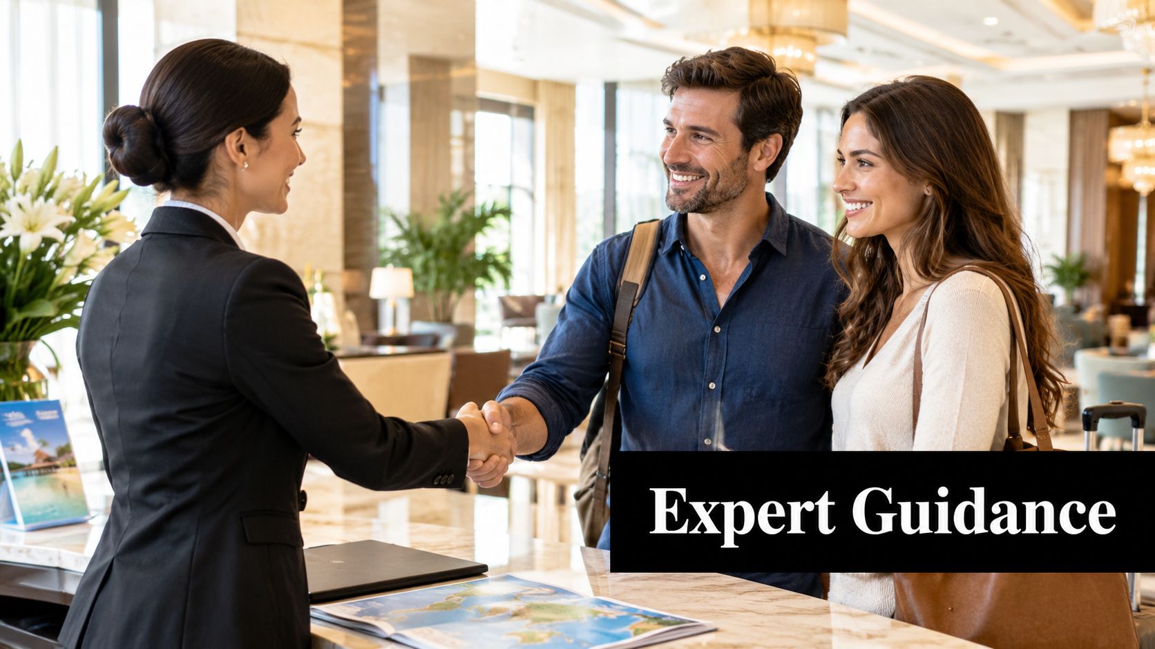 A friendly hotel receptionist greeting a smiling couple at a high-end luxury resort check-in counter.