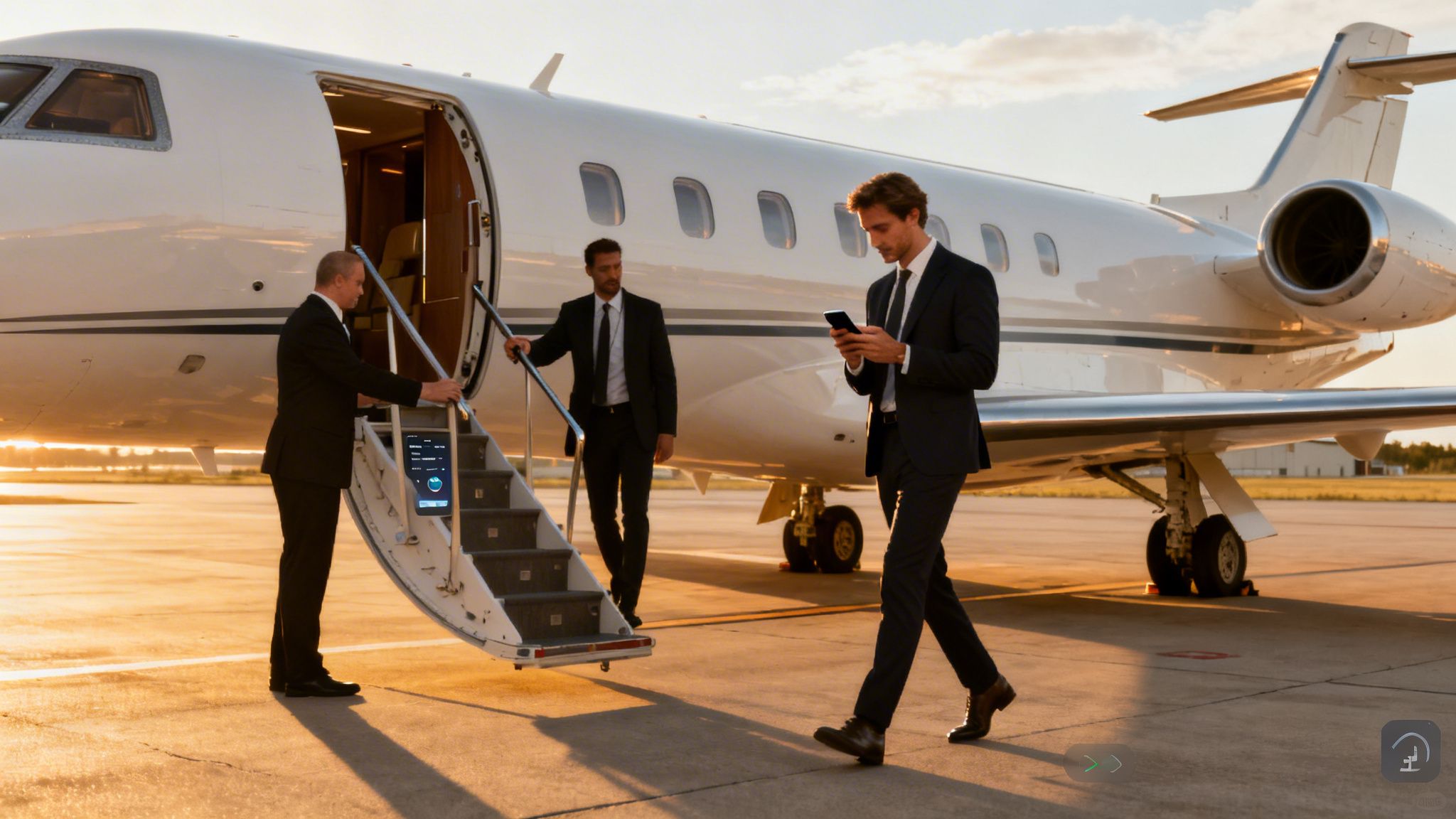 Businessmen disembarking a private jet at sunset on an airport tarmac, one checking his phone.