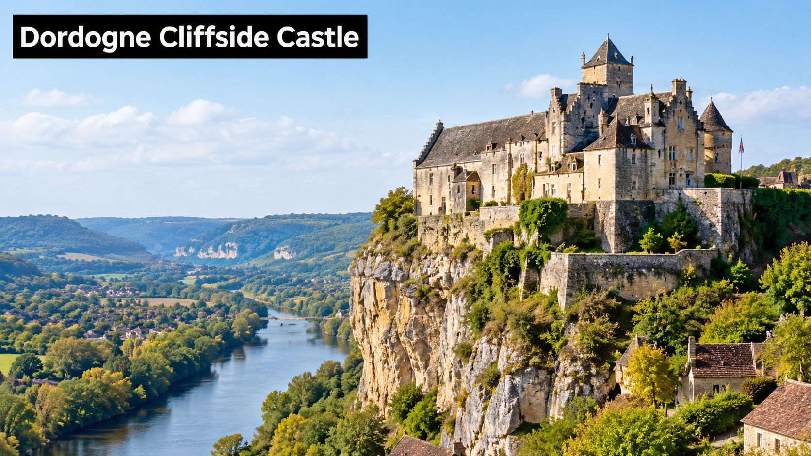 A picturesque view of a medieval stone castle perched high atop a cliff overlooking a river valley.
