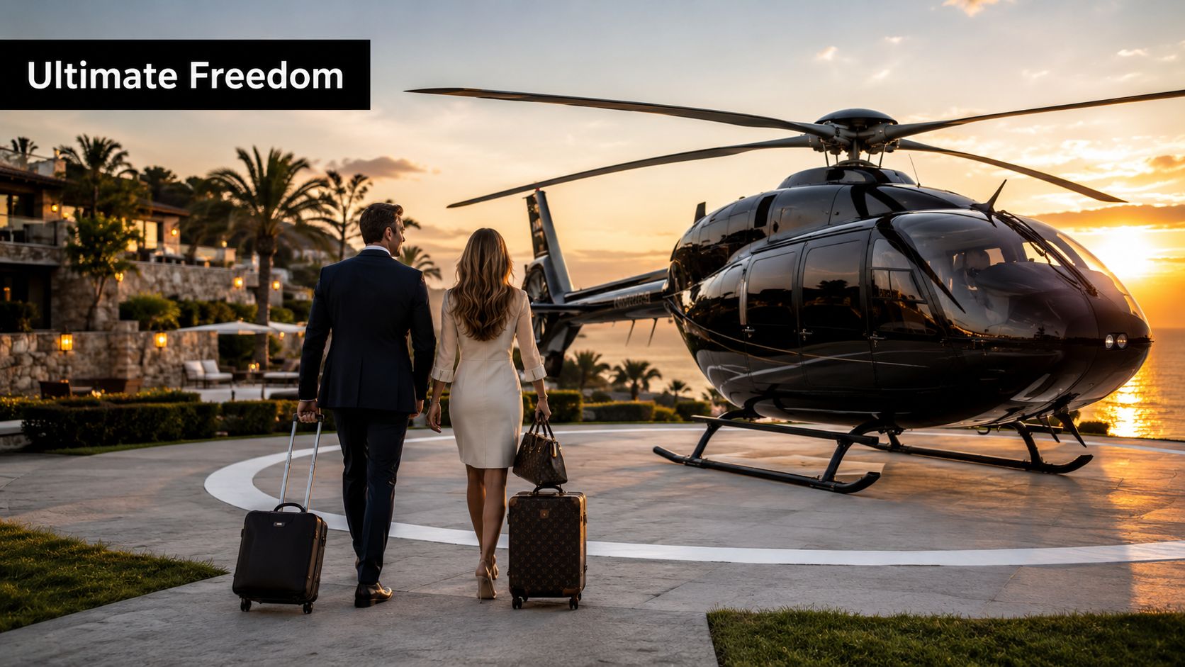 A couple walking toward a private black helicopter at sunset on a luxury coastal helipad.