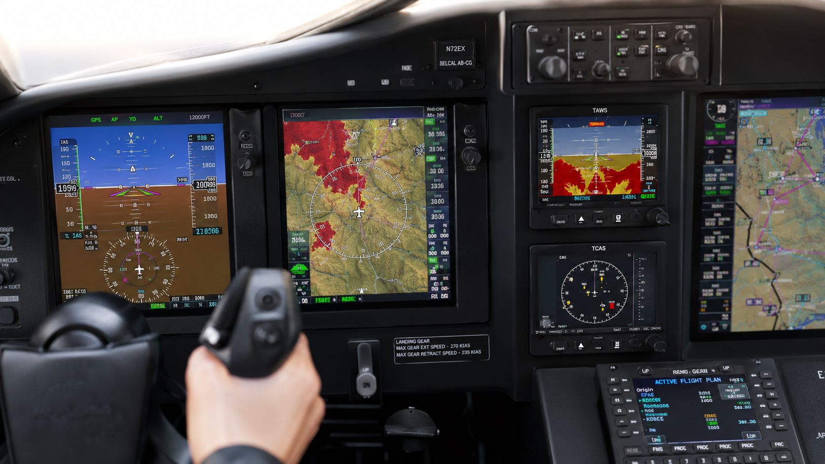 A pilot holds the control yoke in a modern private jet cockpit with multiple digital instrument displays.