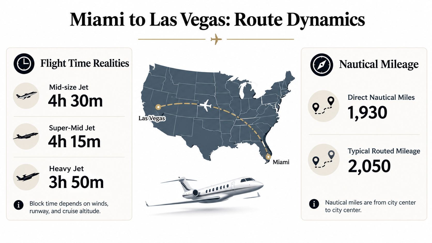 An infographic comparing flight times and nautical mileage for private jets flying from Miami to Las Vegas.