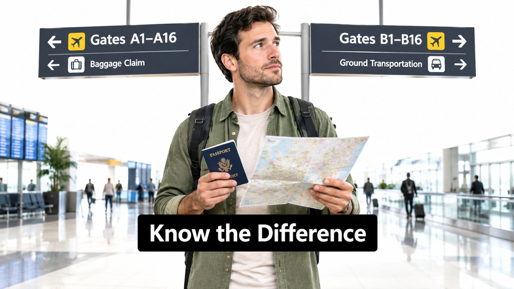 A traveler at an airport terminal looking at a map while holding his passport and travel documents.