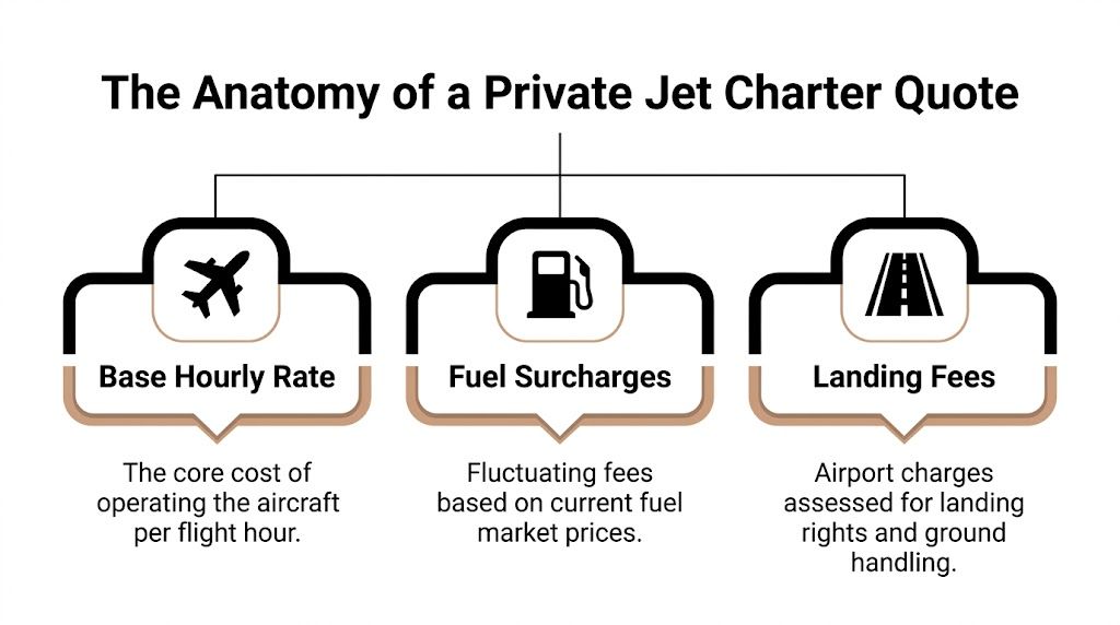 A diagram illustrating the three main components of a private jet charter quote: rate, fuel, and fees.