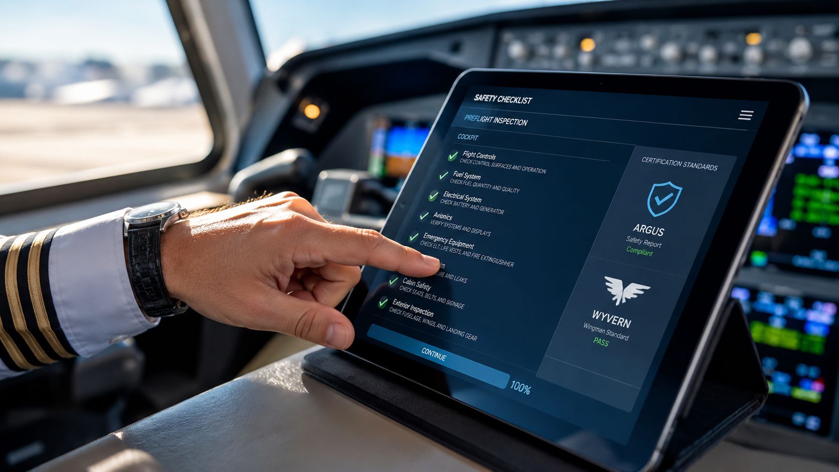 A pilot wearing a uniform checking a digital preflight safety checklist on a tablet inside a cockpit.