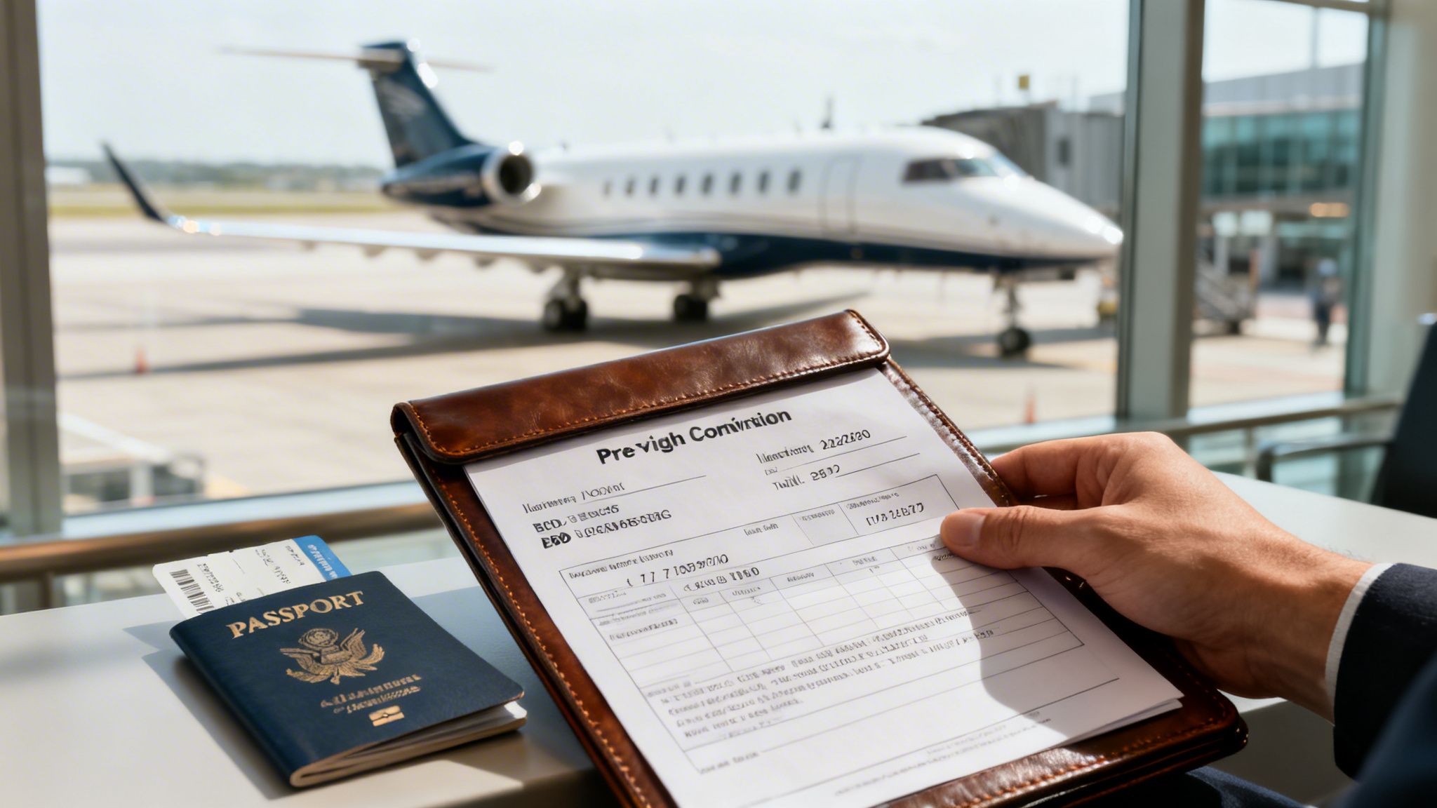 A person holds travel documents and a passport in an airport lounge, with a private jet outside.