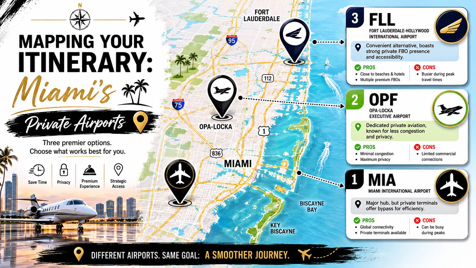 A map of Miami showing three premier private airports and their respective pros and cons for travelers.