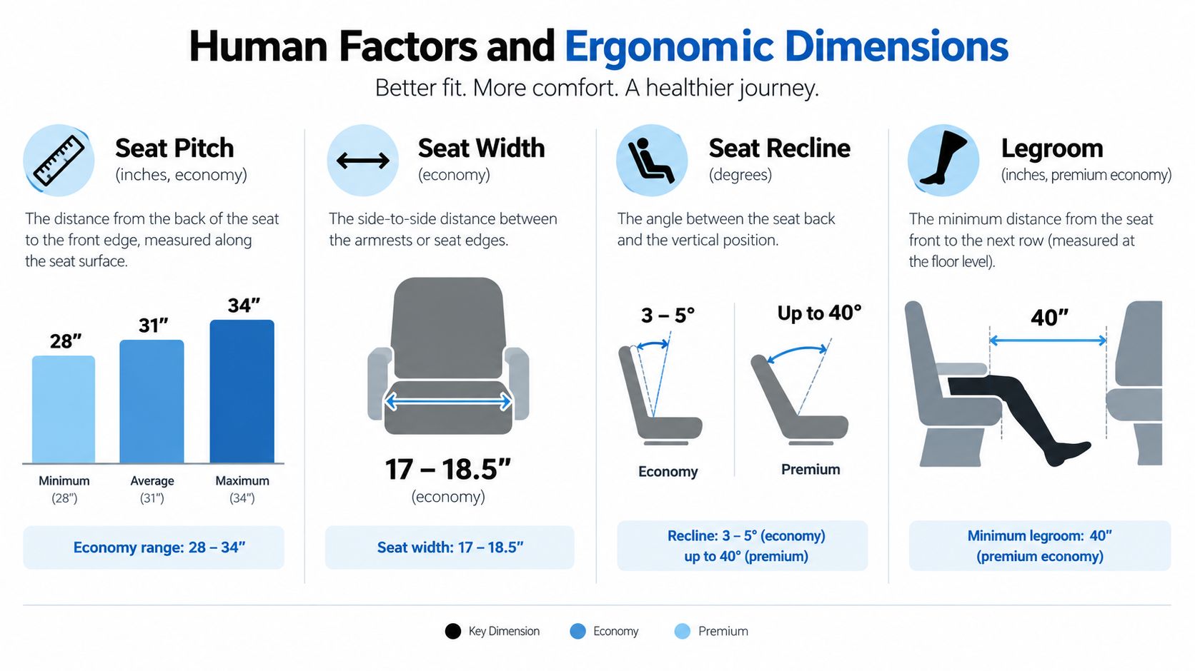 An infographic detailing ergonomic dimensions for aircraft seats including seat pitch, width, recline, and legroom measurements.