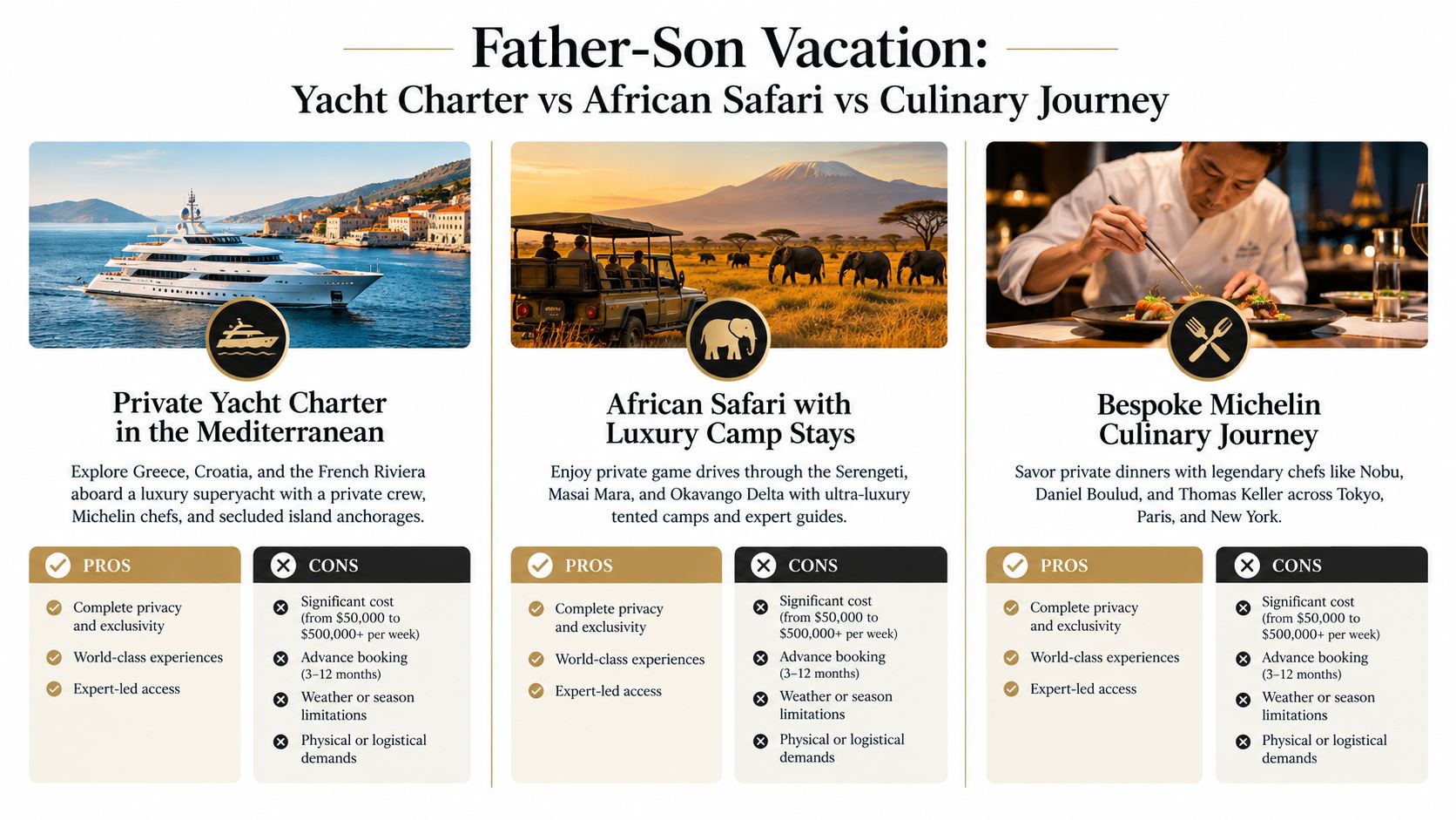 A comparison infographic detailing three luxury father-son vacation options: a Mediterranean yacht charter, African safari, or culinary journey.