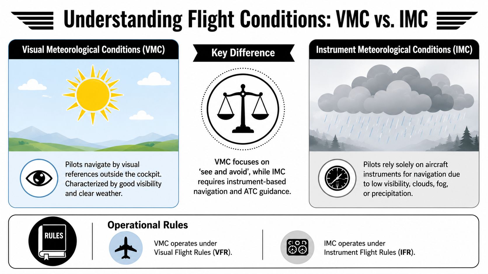 An infographic comparing Visual Meteorological Conditions and Instrument Meteorological Conditions with accompanying flight rules for pilots.