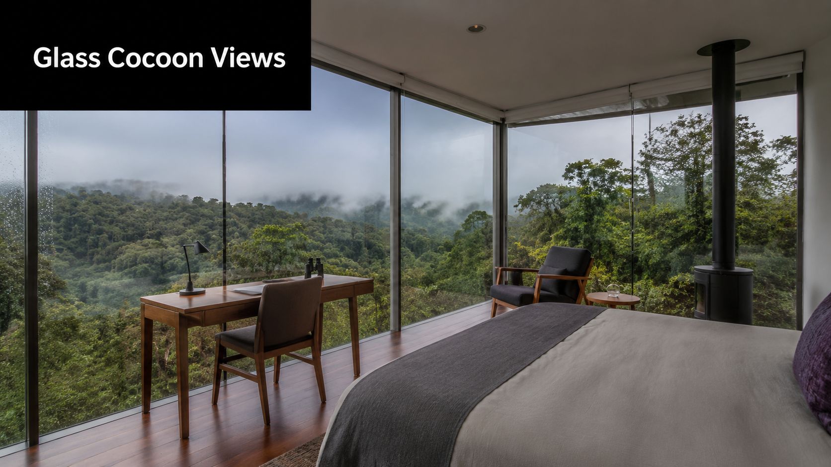 A luxurious bedroom at Mashpi Lodge featuring floor-to-ceiling glass walls overlooking a misty cloud forest in Ecuador.