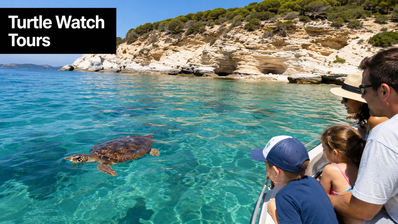 A family enjoying a boat tour and watching a sea turtle swimming in clear blue waters.
