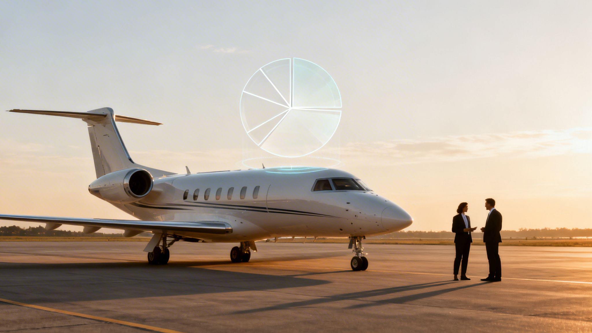 Two business professionals discussing financial data next to a private jet on an airport tarmac.