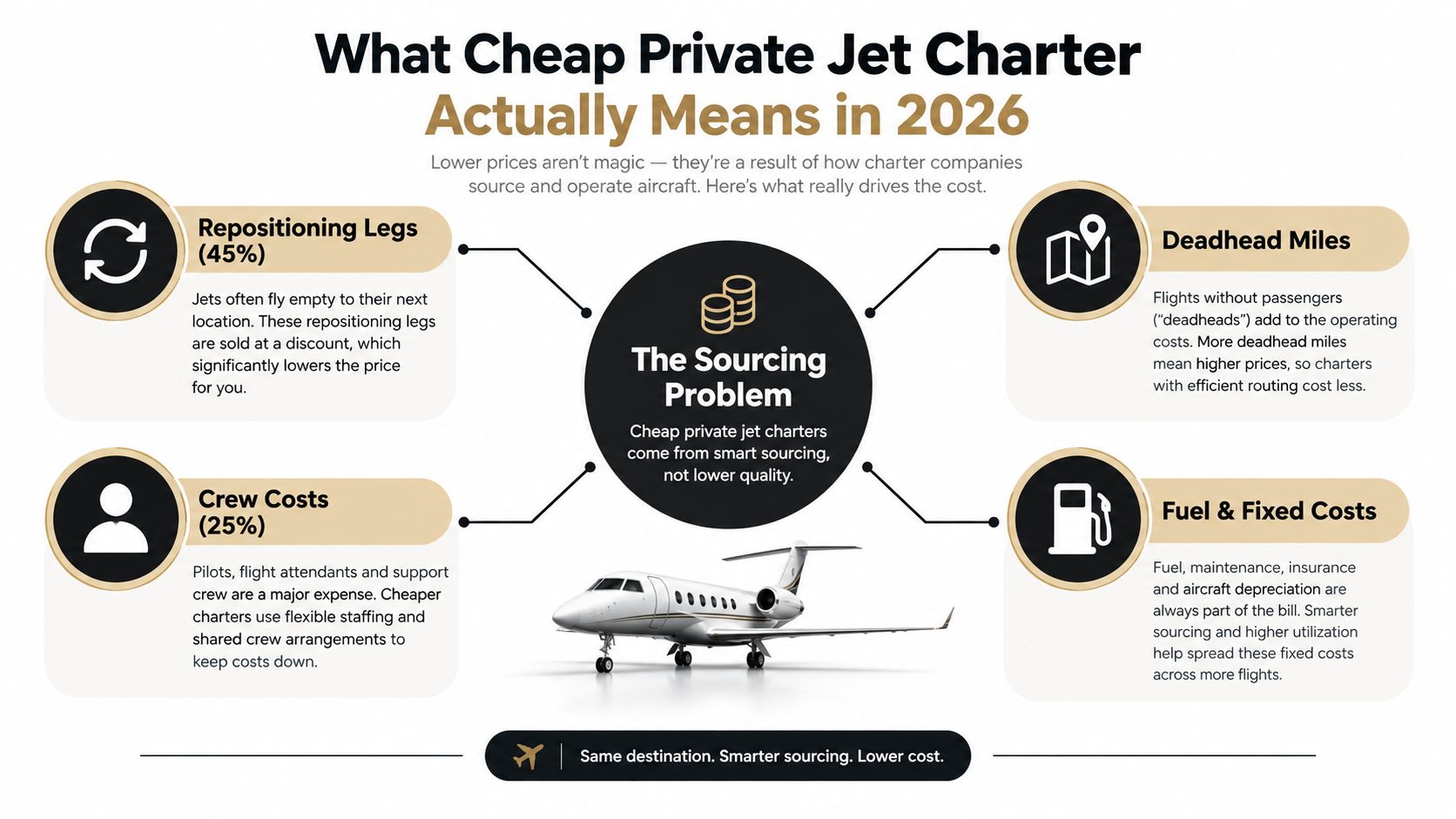 An infographic explaining how efficient sourcing and routing reduce costs for private jet charter flights in 2026.