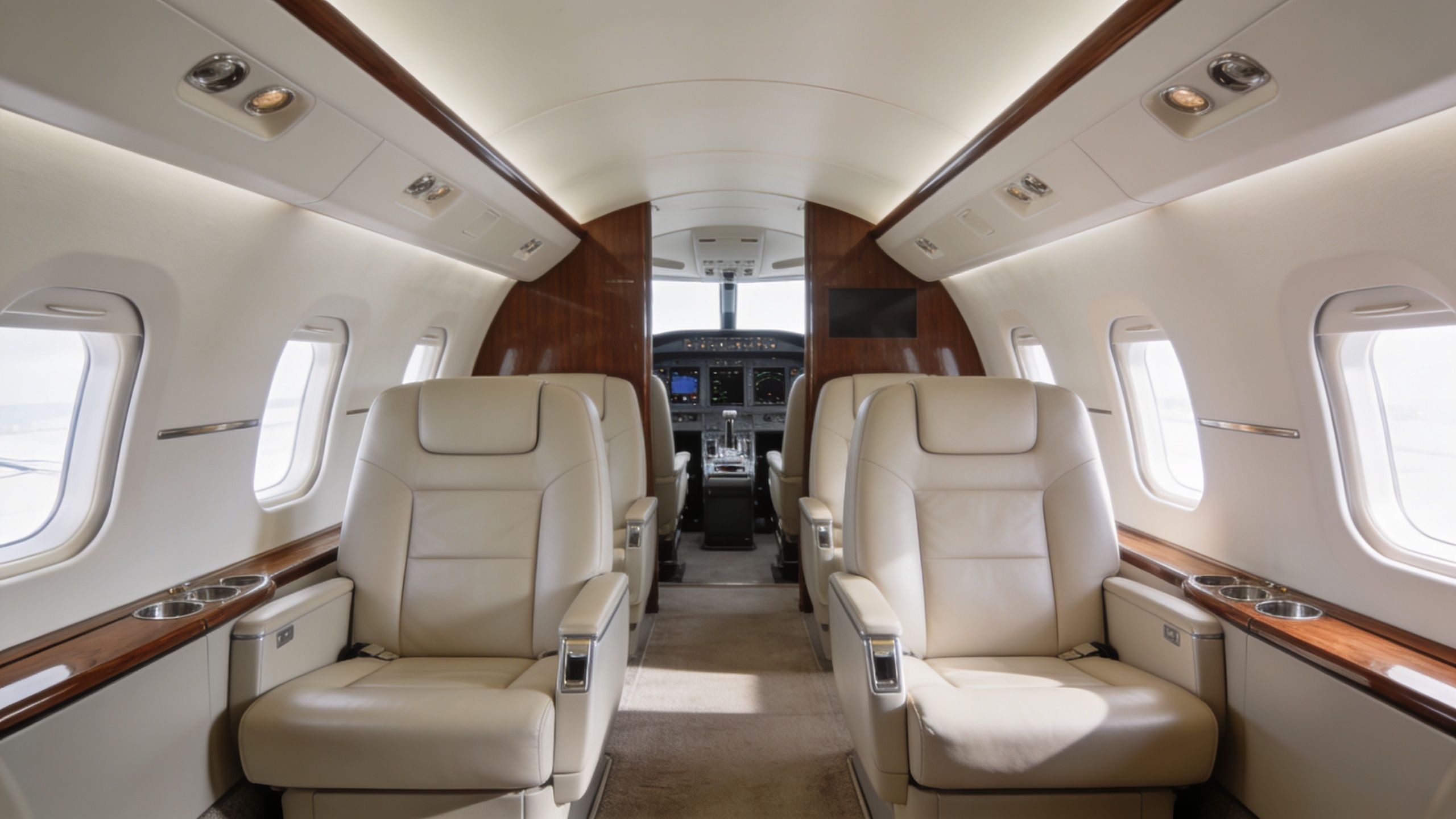 A view of the luxurious beige leather interior cabin and cockpit of a private jet aircraft.