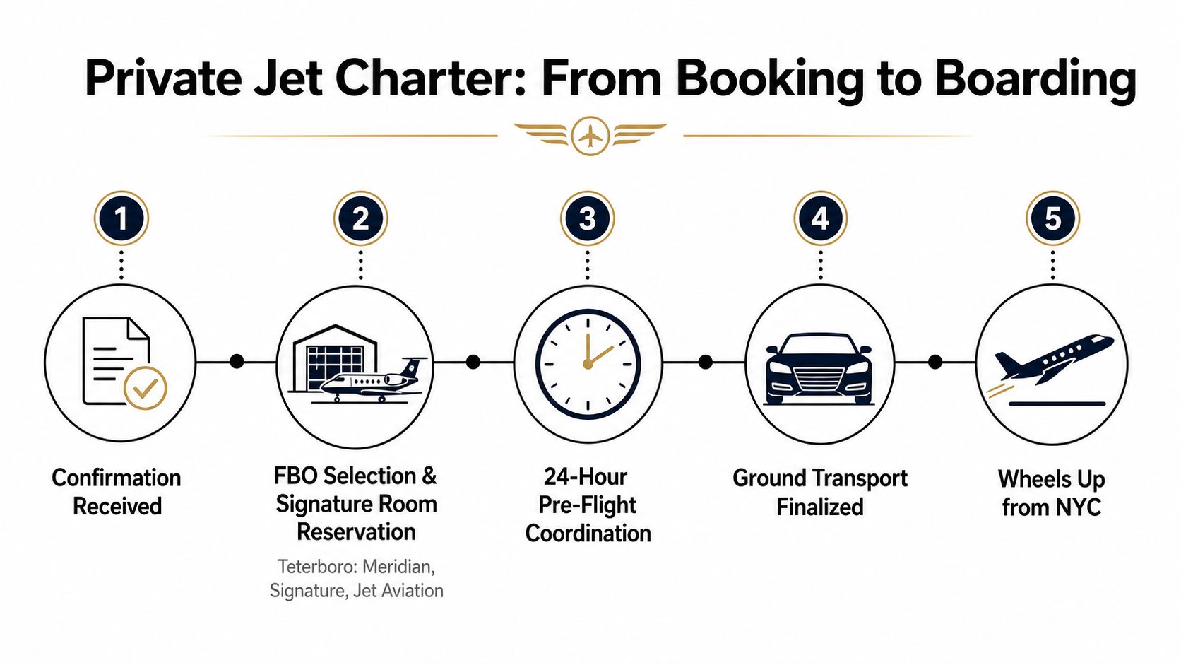 A step-by-step infographic showing the five stages of a private jet charter booking process.