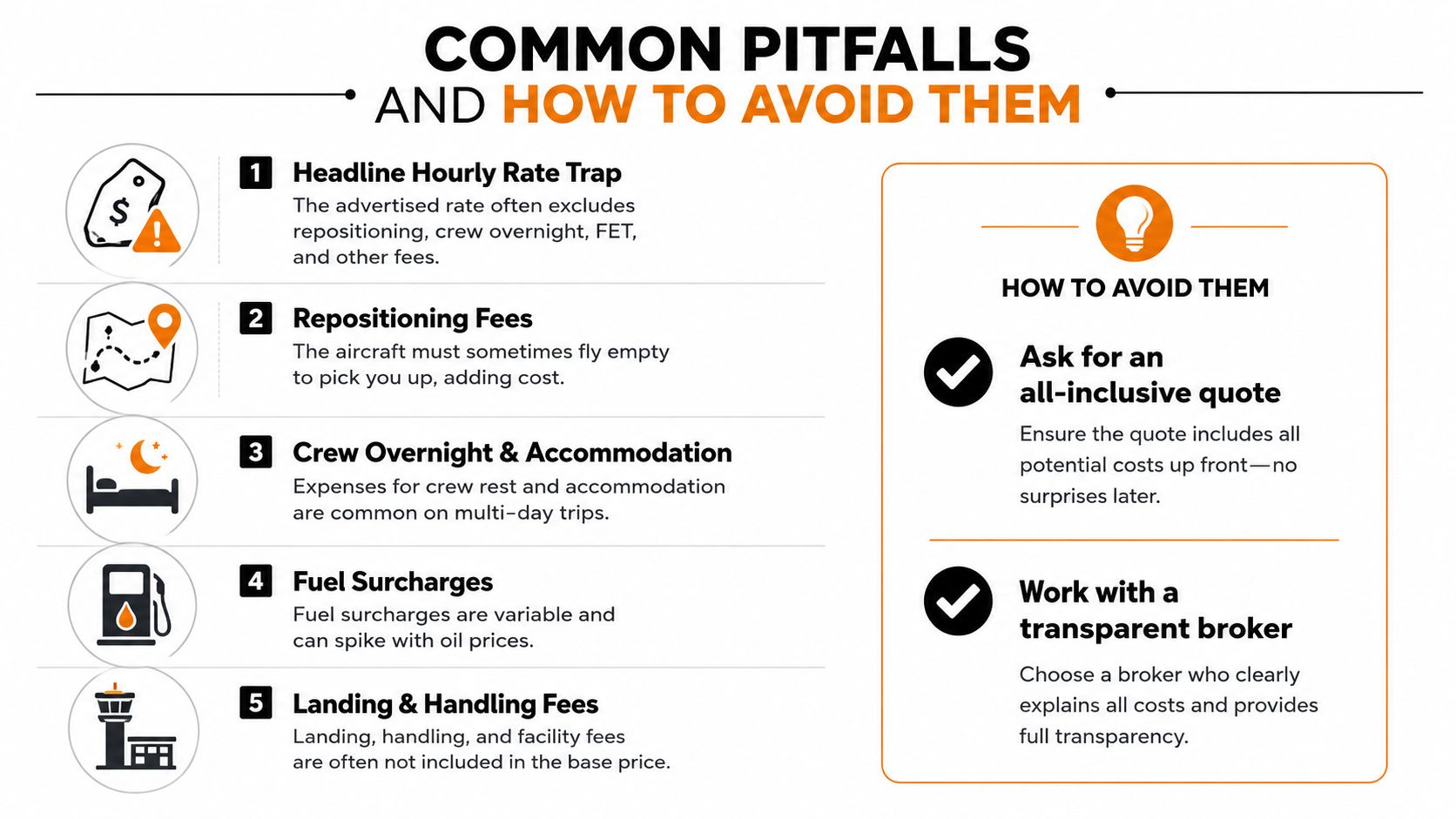 An infographic detailing five common pitfalls when renting a private jet and how to avoid them.
