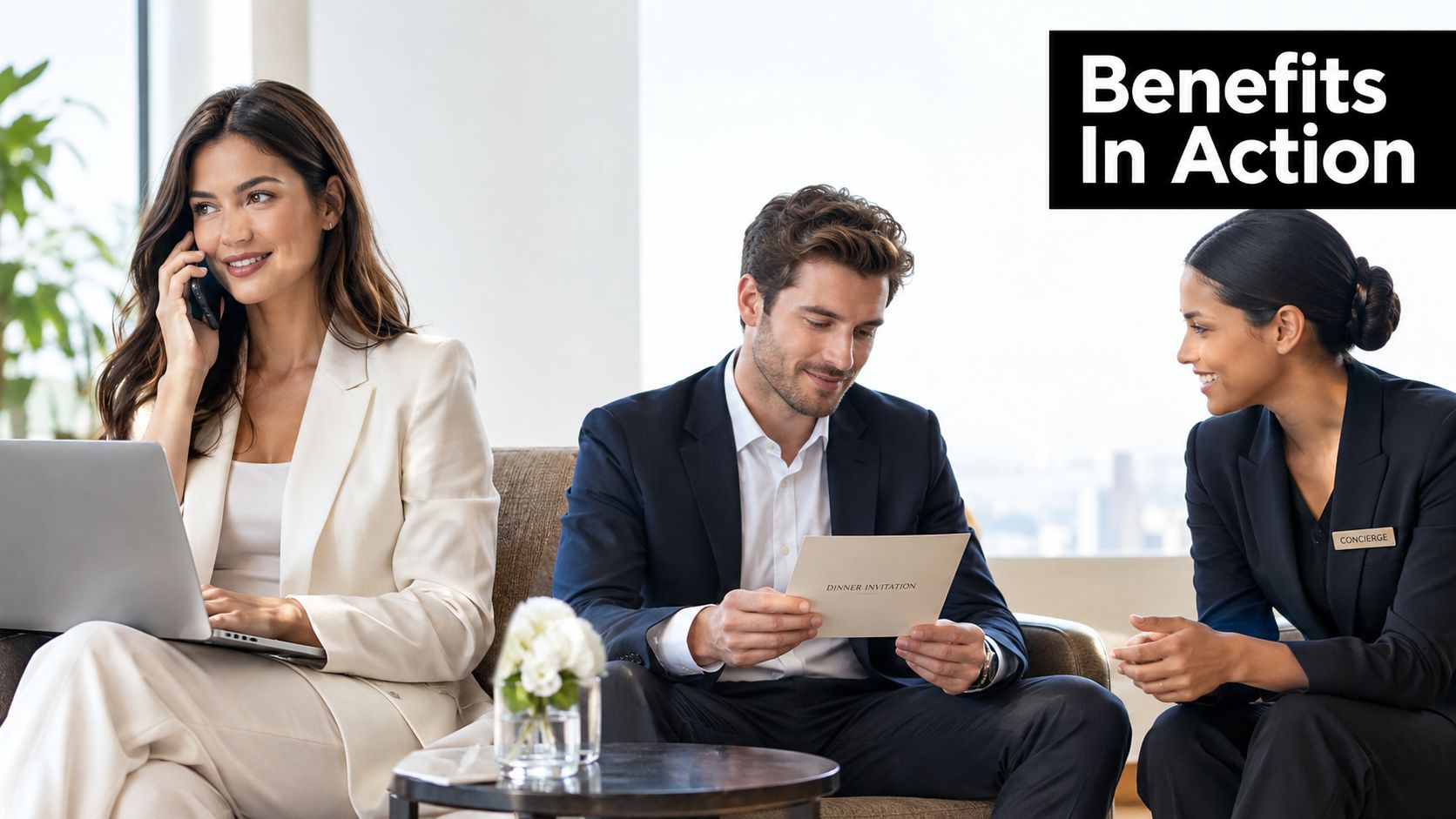 A professional concierge assisting a man with a dinner invitation while a woman works on her laptop.