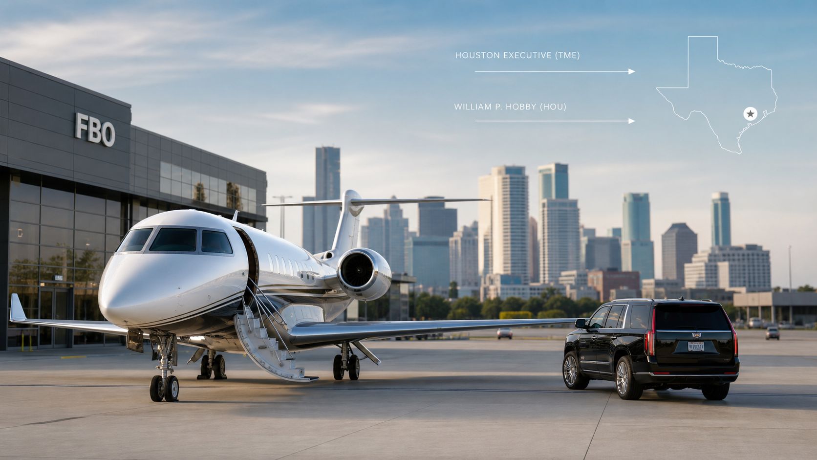 A private jet parked on the tarmac with a black SUV beside it and Houston skyline backdrop.