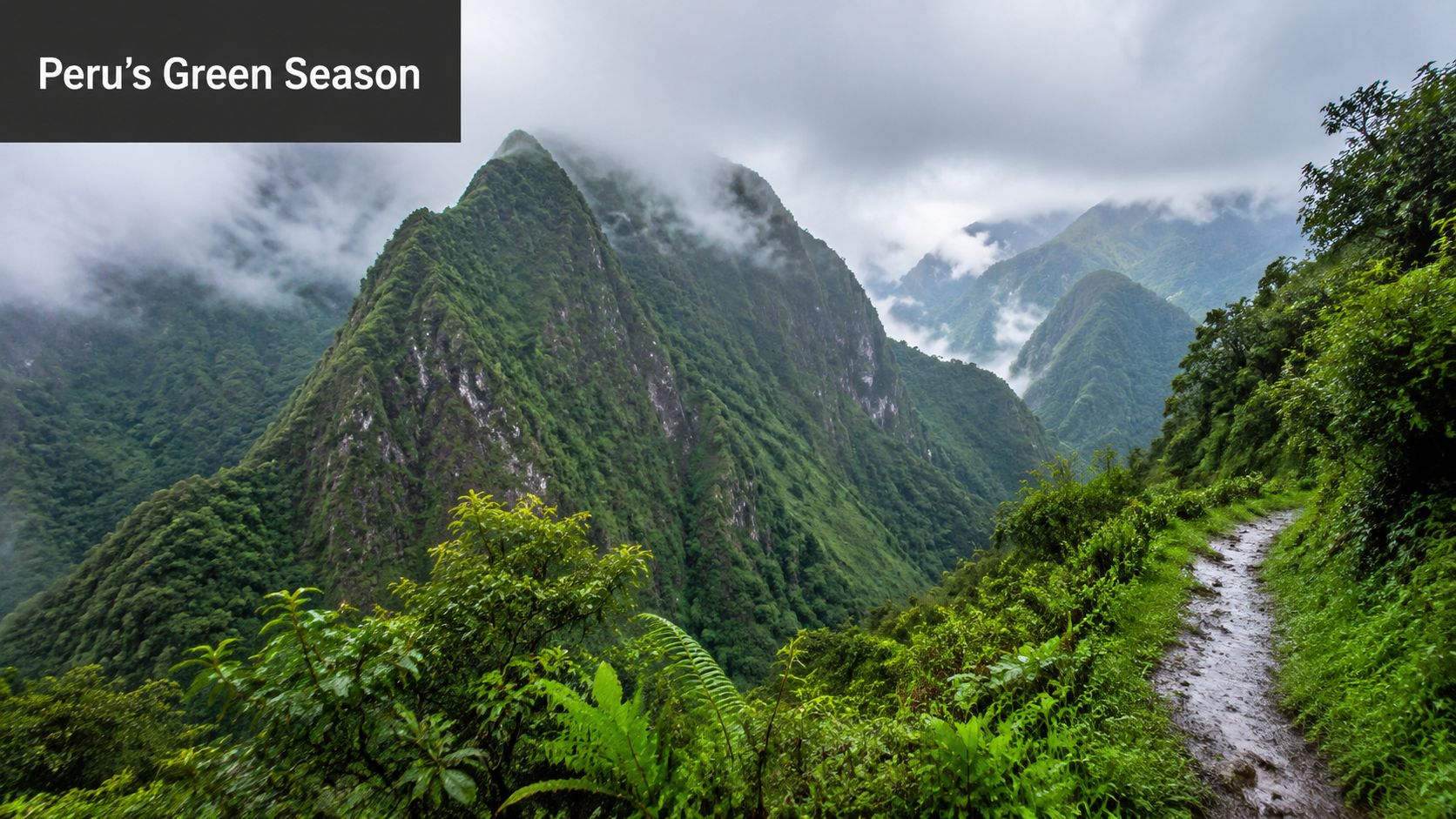 A lush, green mountain landscape in Peru featuring a muddy hiking trail under a cloudy sky.