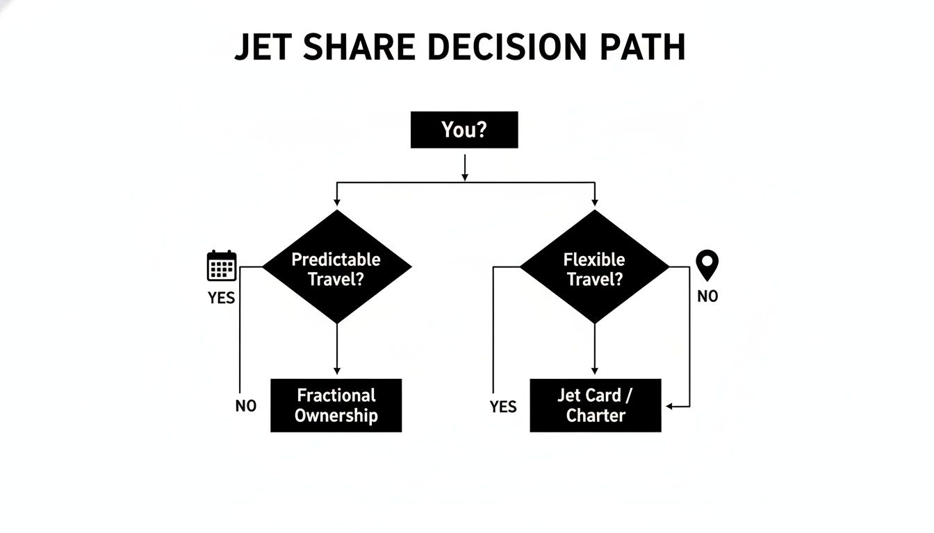 Flowchart illustrating the jet share decision path, guiding users based on predictable versus flexible travel needs.