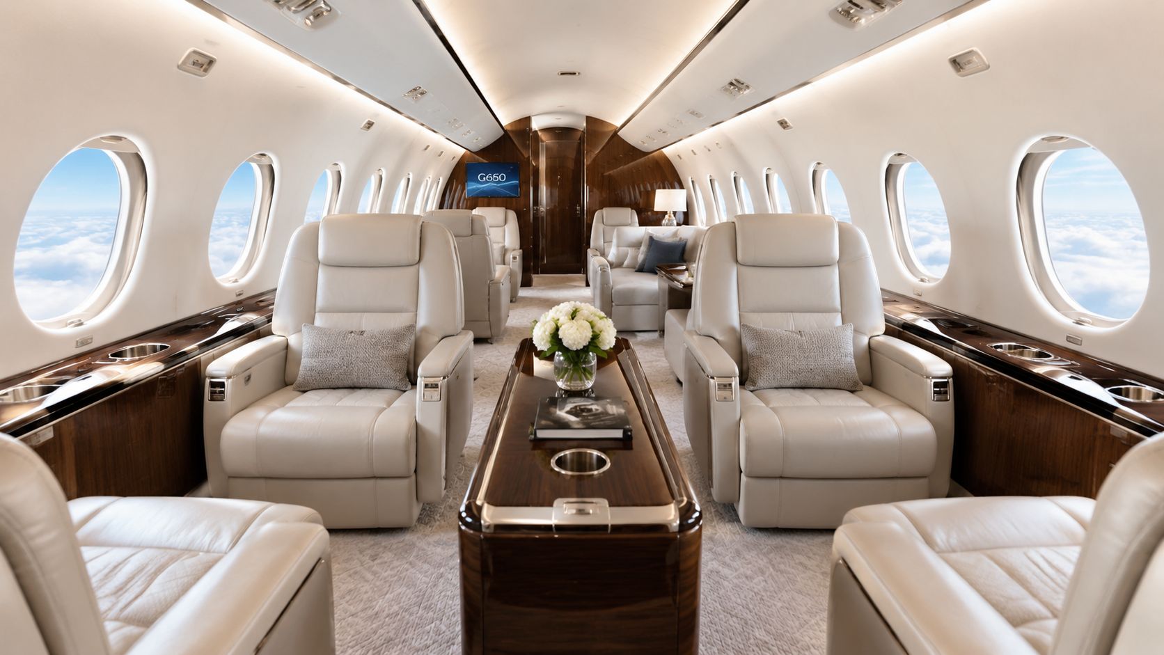 Luxurious interior of a private Gulfstream G650 jet cabin with comfortable leather seating and large windows.