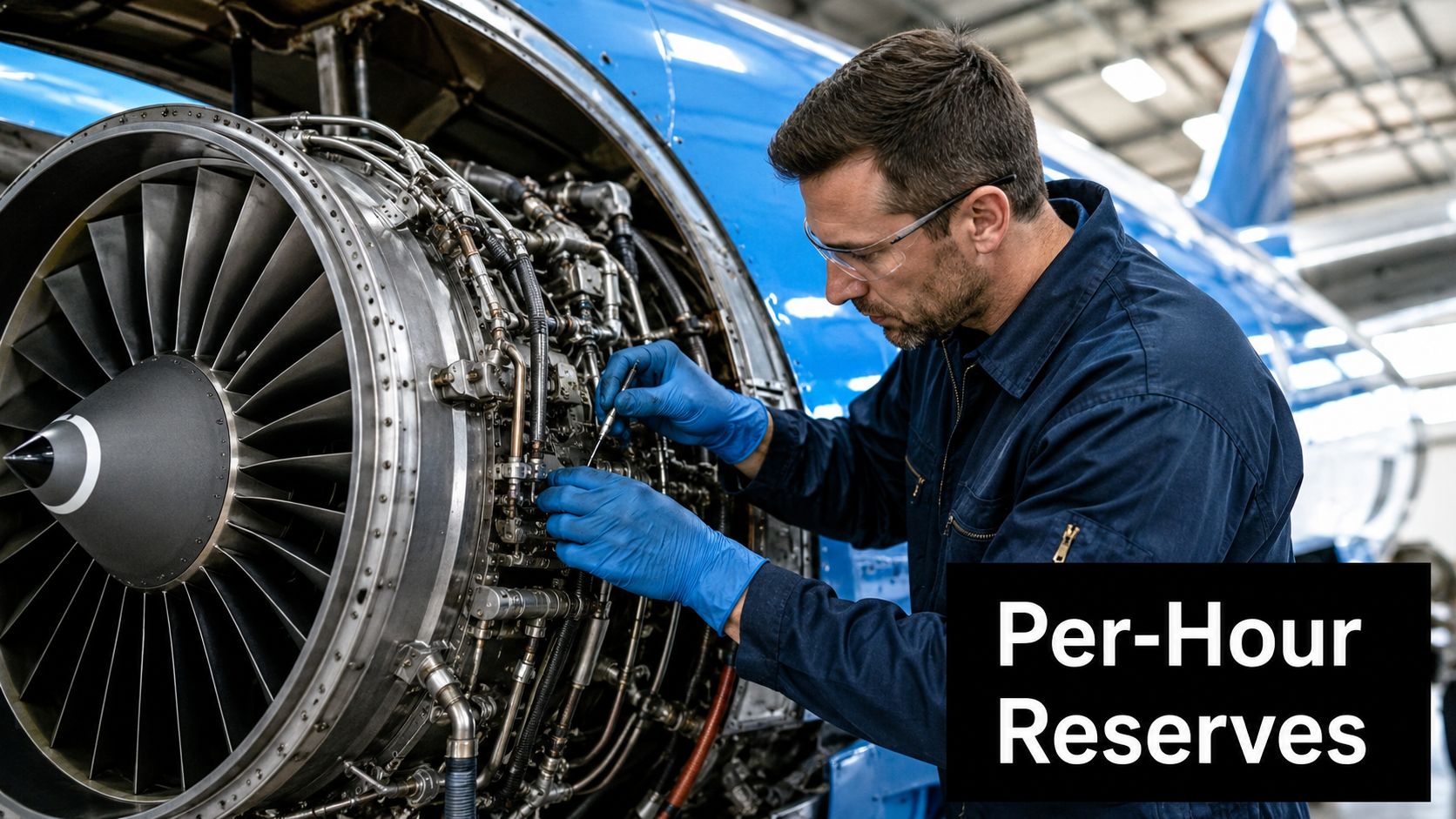 A professional technician wearing safety glasses and blue gloves inspects the complex components of a jet engine.