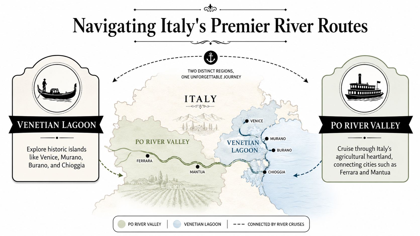 An infographic map illustrating Italy's premier river cruise routes through the Venetian Lagoon and Po River Valley.