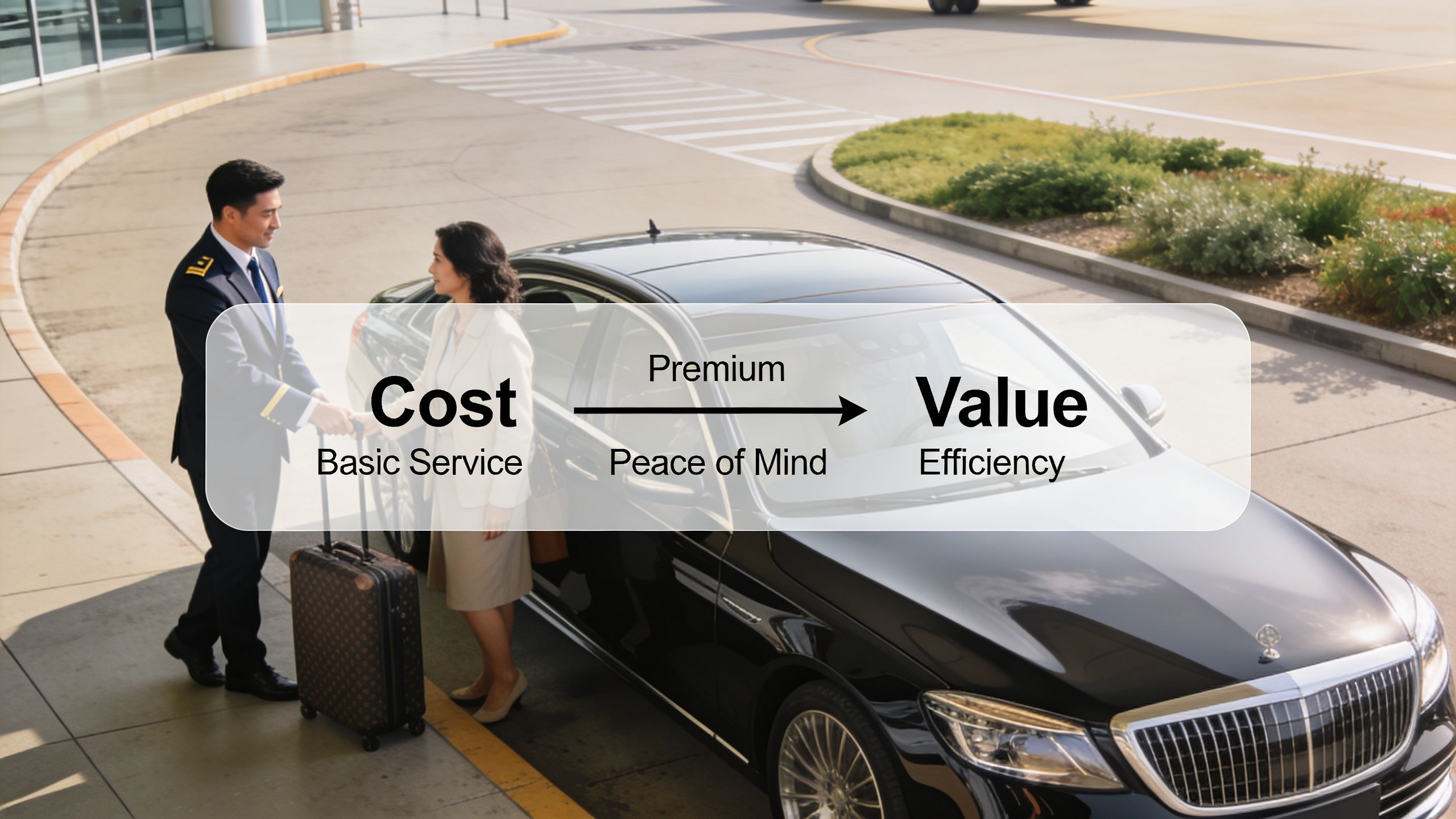 A professional chauffeur greeting a female passenger next to a luxury black sedan for ground transportation services.