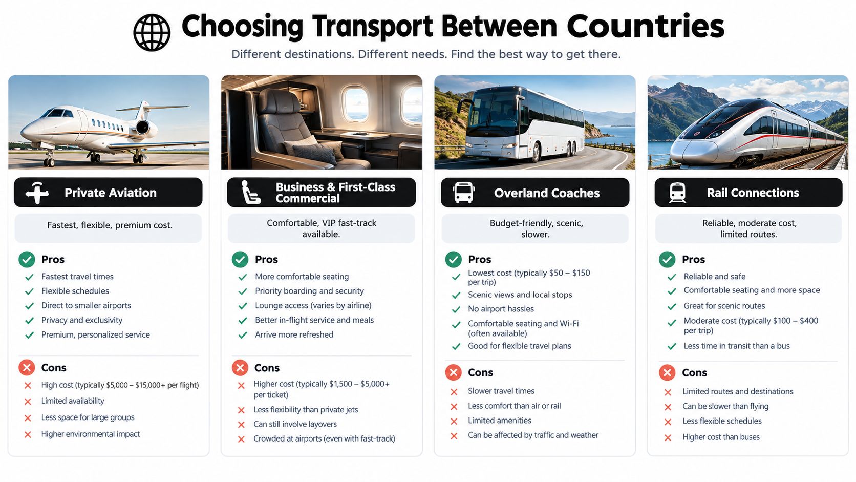 A comparison infographic showing four methods of international travel including private aviation, commercial flights, coaches, and trains.