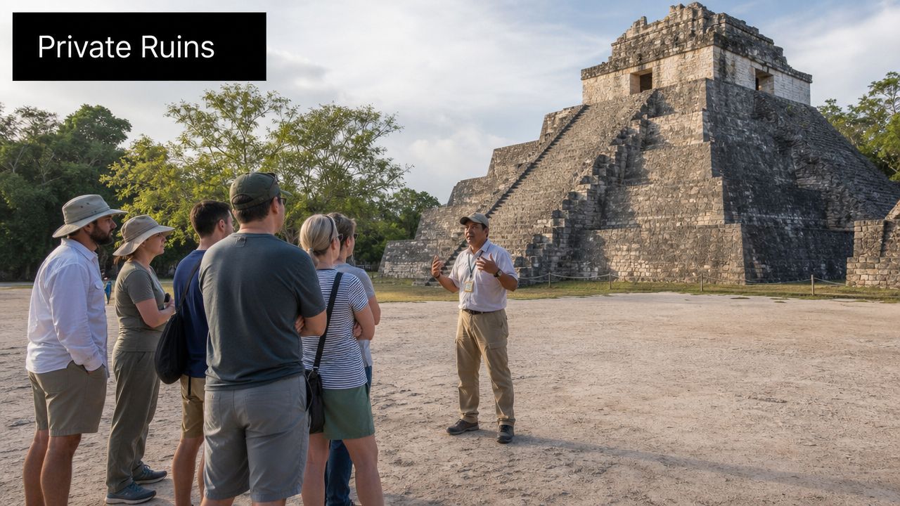 A tour guide explaining the history of an ancient Mayan pyramid to a group of visitors.