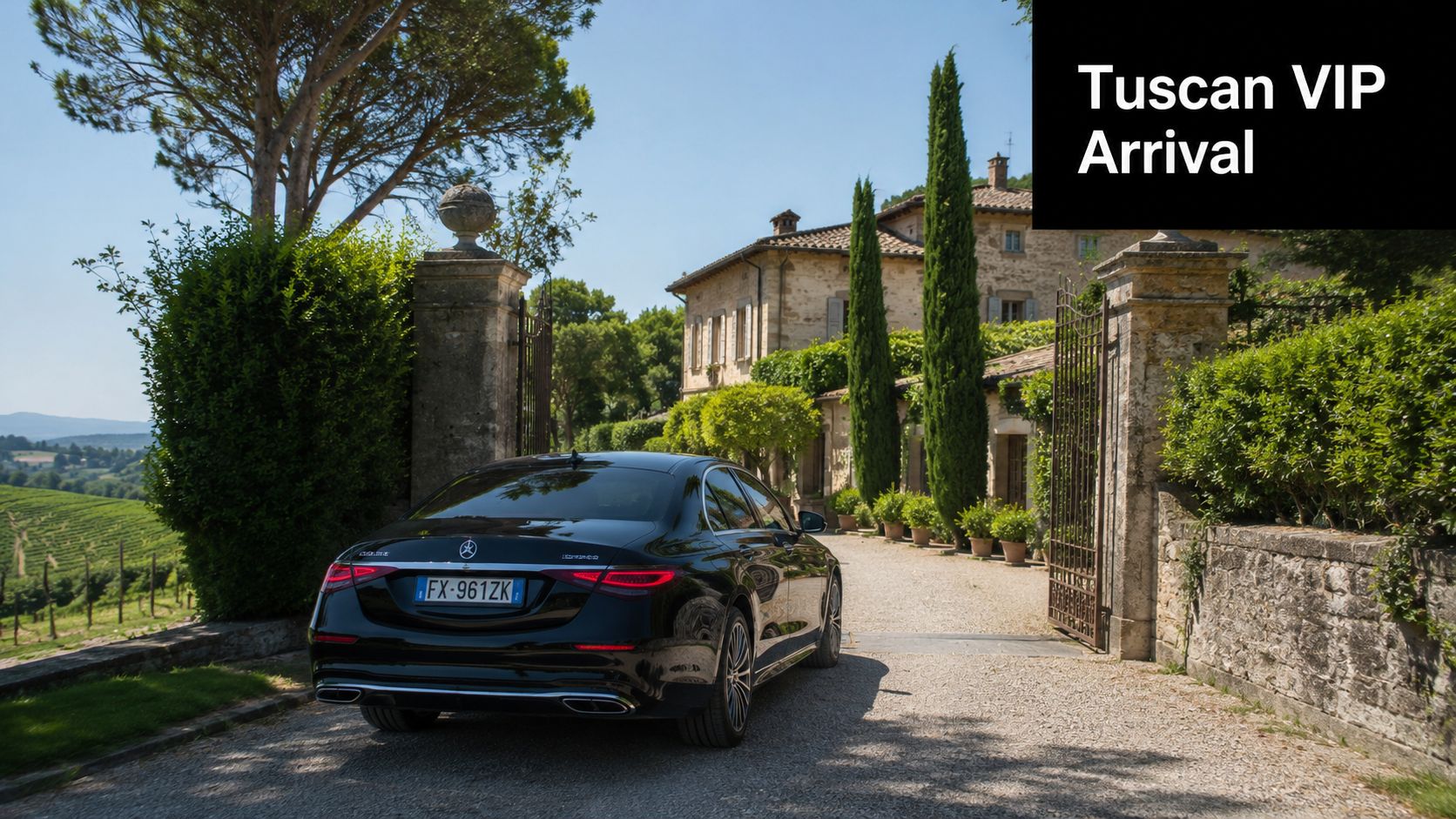 A black luxury Mercedes sedan arriving at a beautiful historic stone villa in the Tuscan countryside.
