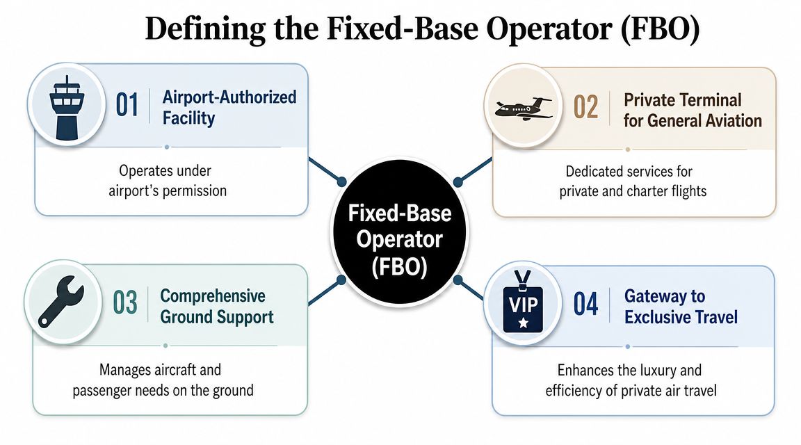 A diagram defining a Fixed-Base Operator with four key services including airport authorization, private terminals, ground support, and exclusive travel.
