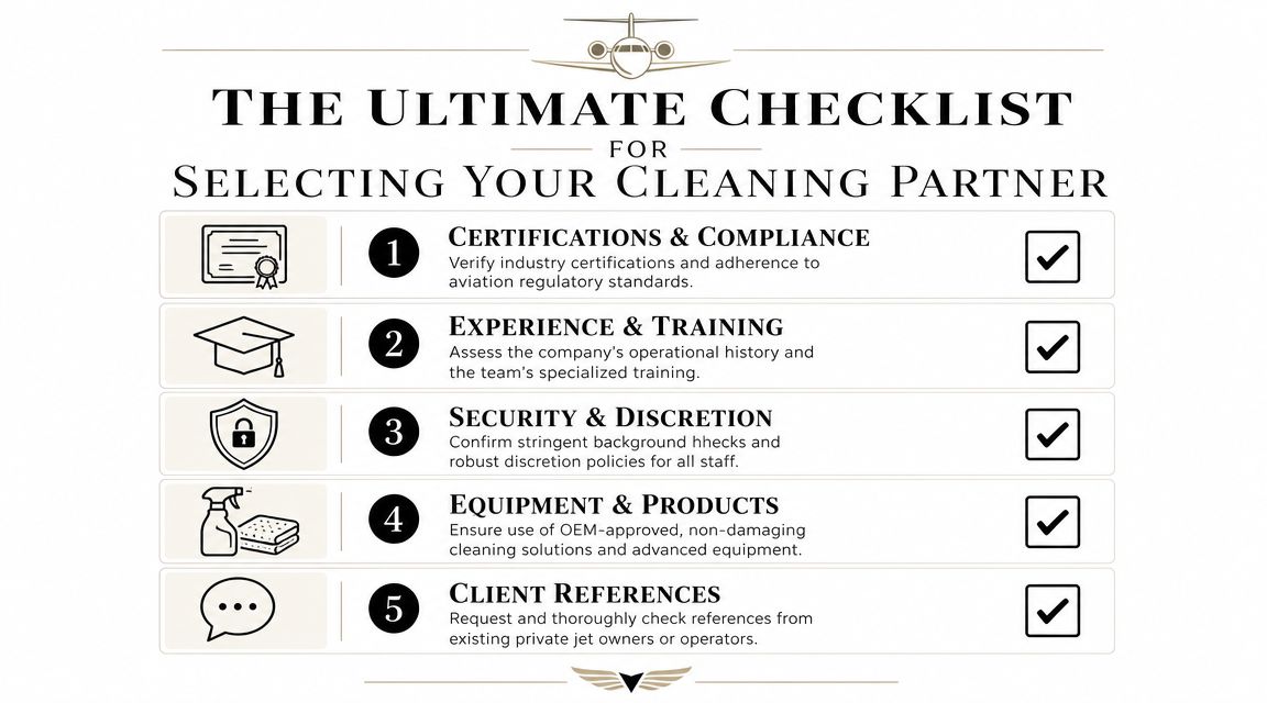 An infographic titled The Ultimate Checklist for Selecting Your Cleaning Partner for private jet owners and operators.