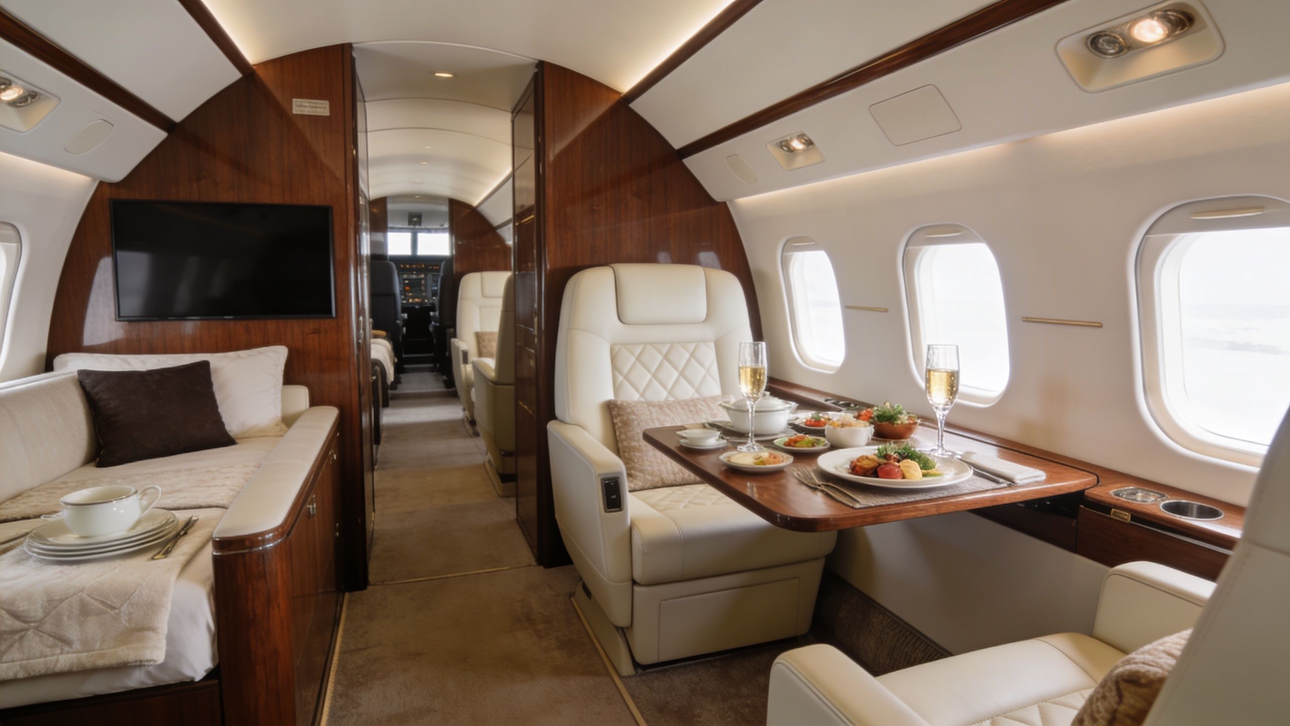 A luxurious interior of a private jet with cream leather seats, a wooden table, and gourmet dining.