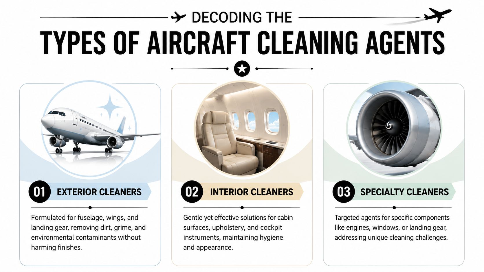 An infographic titled Decoding the Types of Aircraft Cleaning Agents showing exterior, interior, and specialty cleaning solutions.